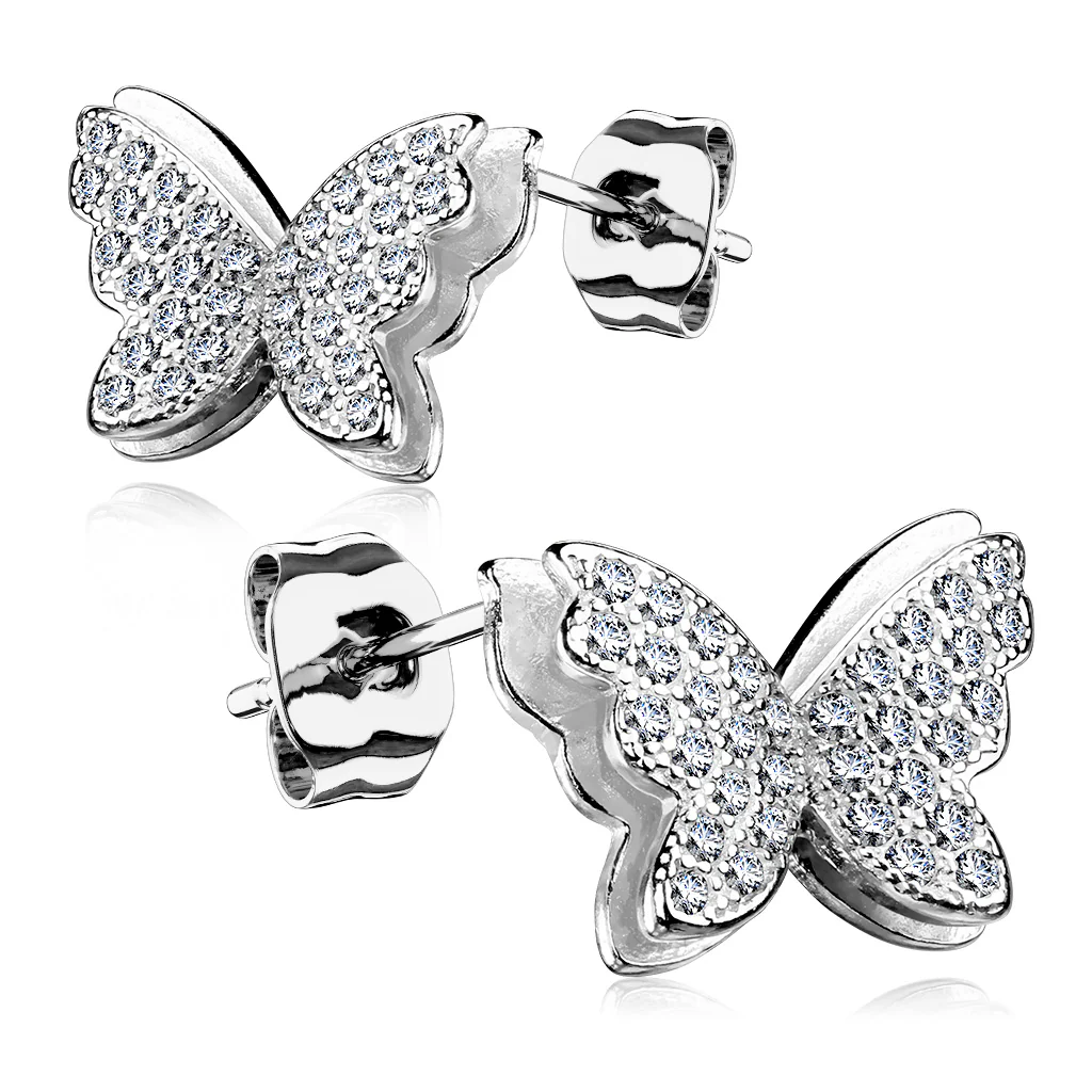 925 Silver CZ Paved Layered Butterfly Stud Earrings - Image 4