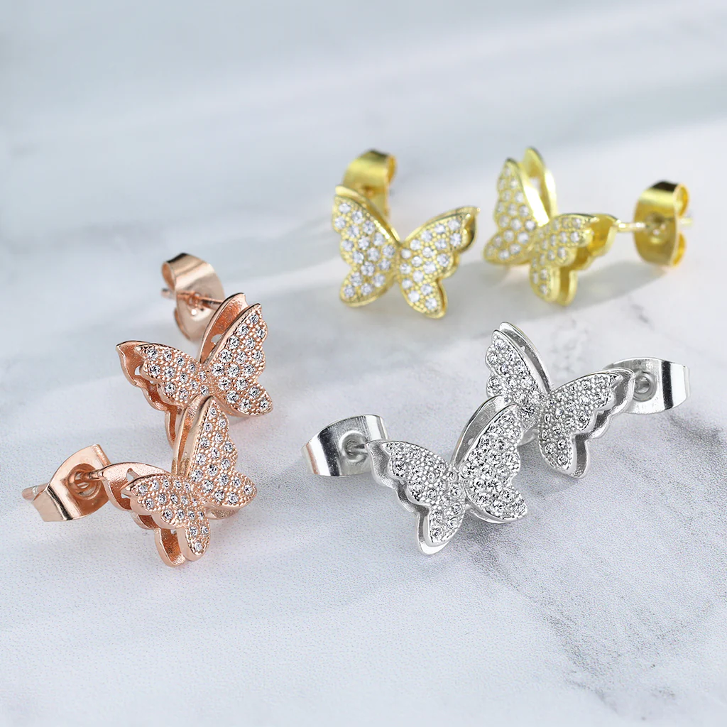 925 Silver CZ Paved Layered Butterfly Stud Earrings - Image 8
