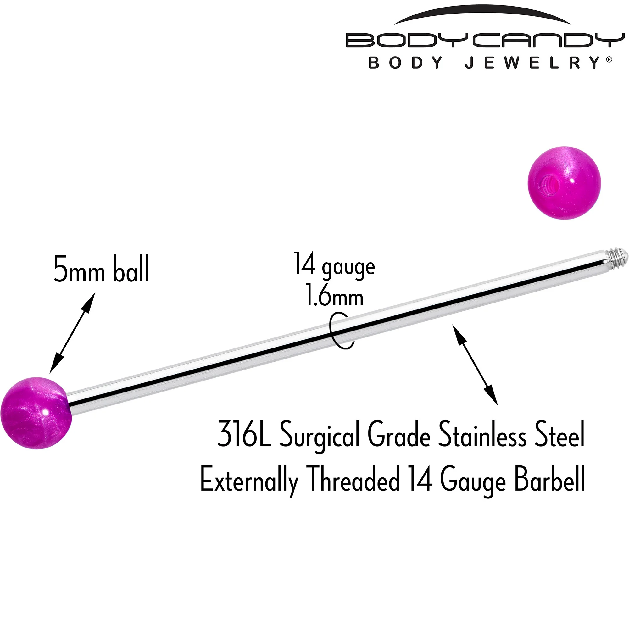 14G Color Acrylic Ball Industrial Barbell 38mm - Image 2
