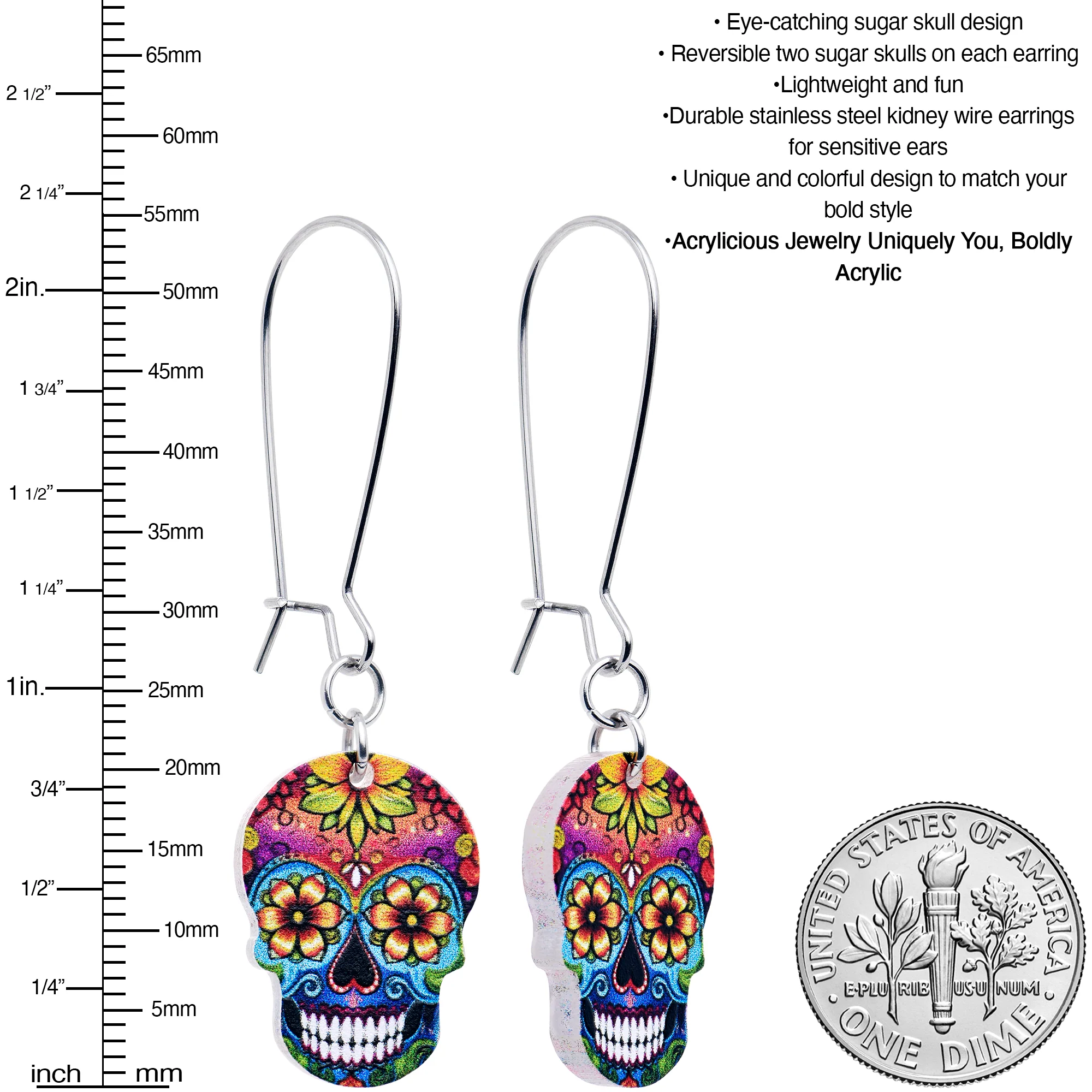 Acrylicious Sugar Skull Double Sided Reversible Skull Earrings - Image 4