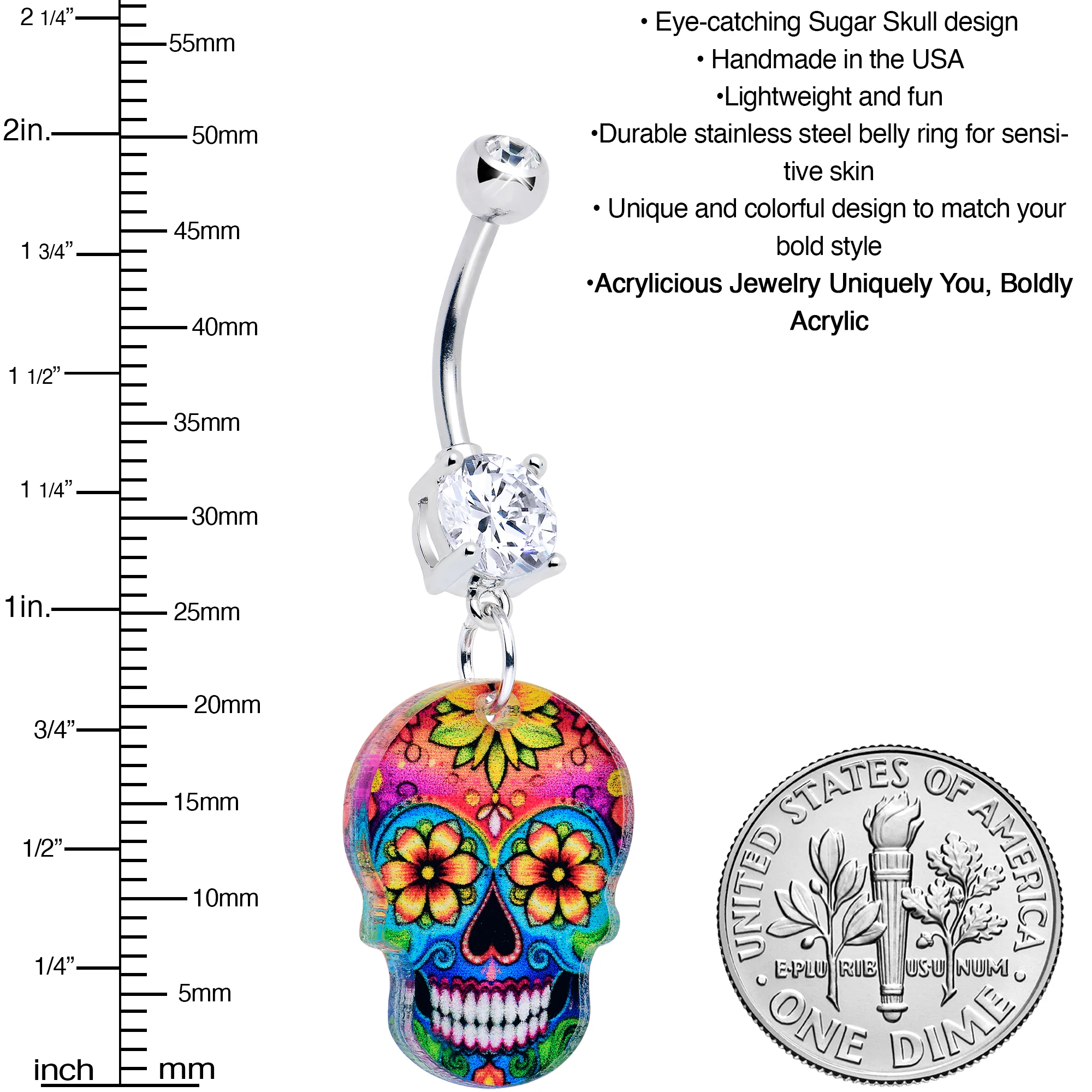 Acrylicious Vibrant Vibes Sugar Skull Dangle Belly Ring - Image 3