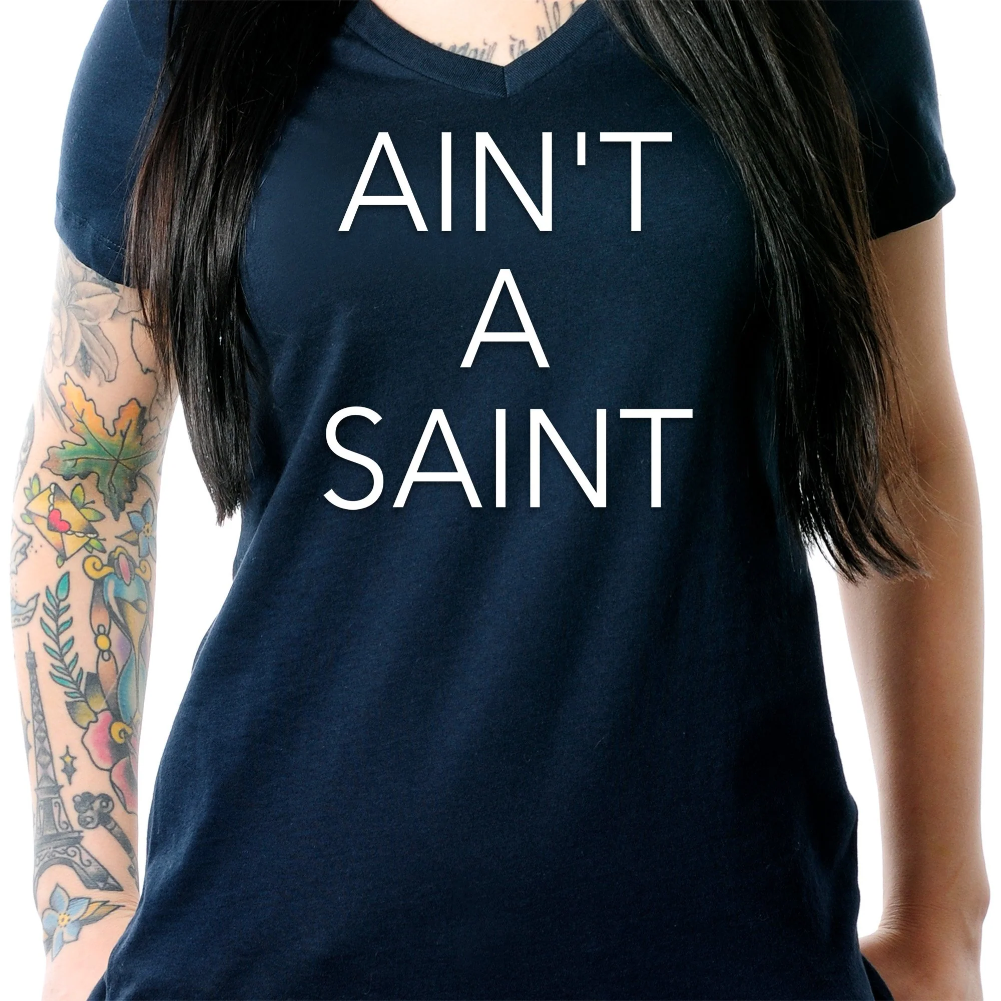 Ain't a Saint Black V-Neck Tee Shirt - Image 3