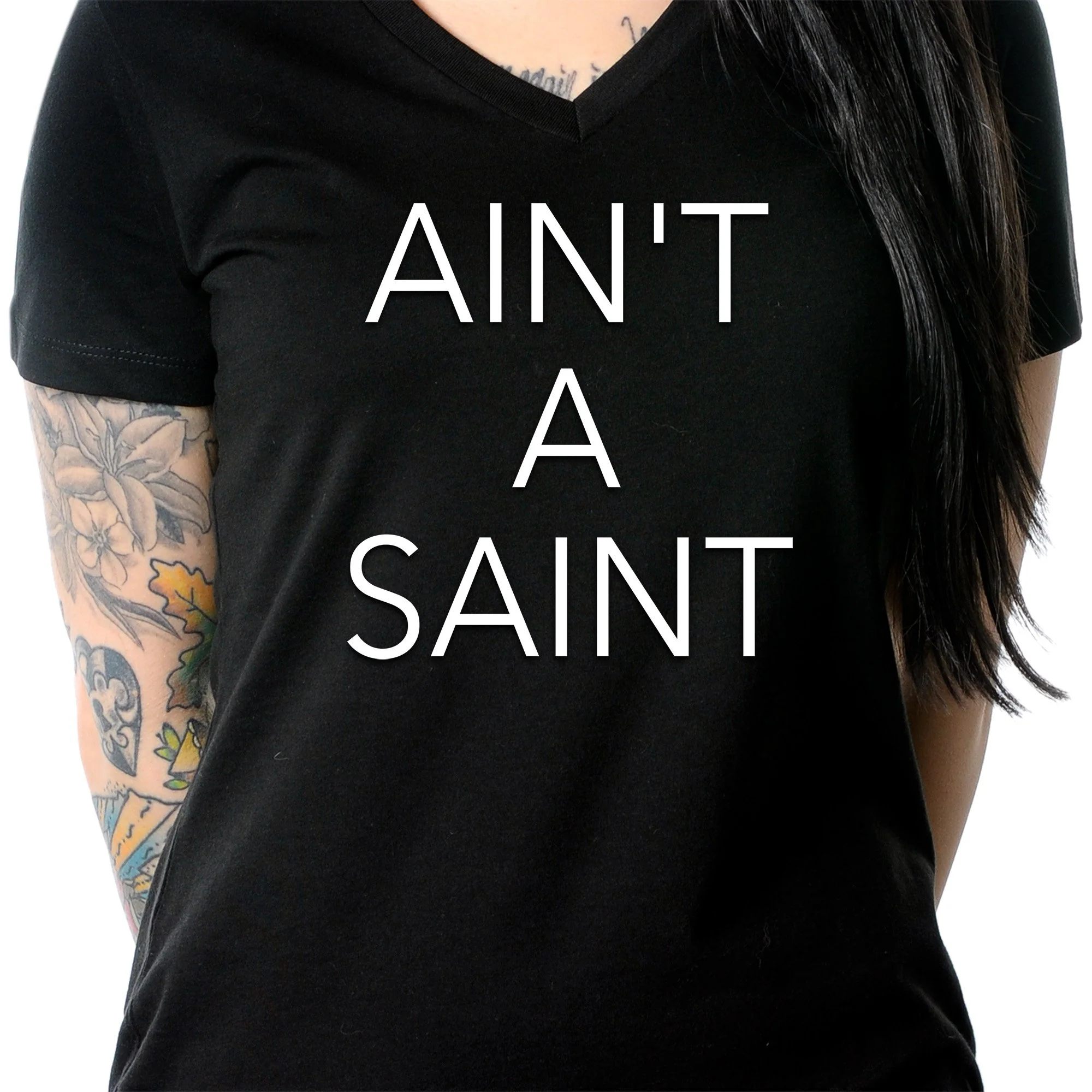 Ain't a Saint Black V-Neck Tee Shirt - Image 6