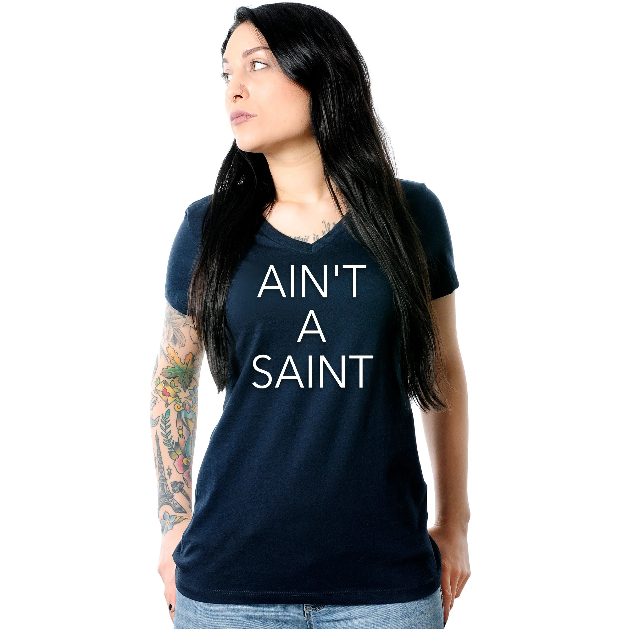 Ain't a Saint Black V-Neck Tee Shirt - Image 8