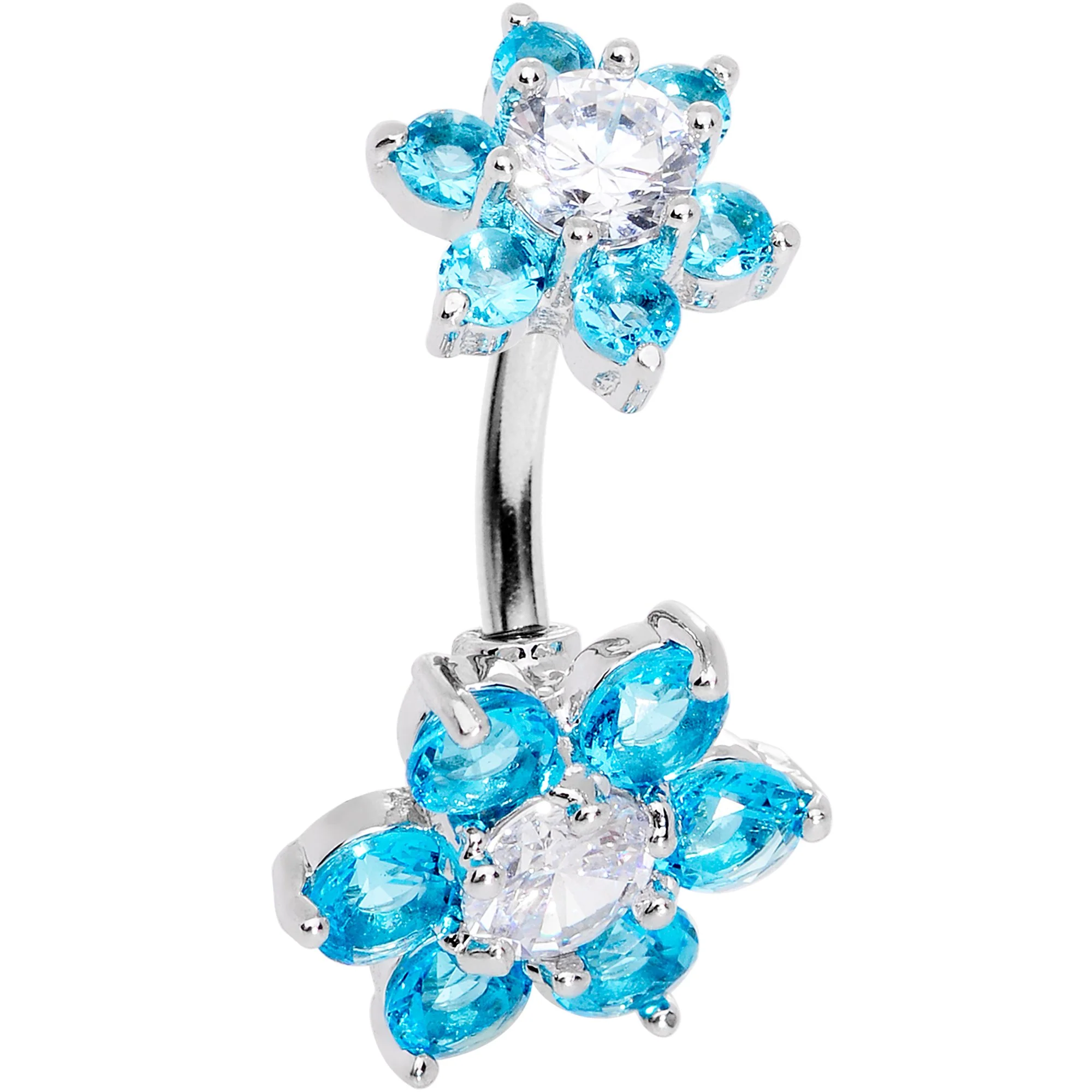 Aqua Clear CZ Gem Double Flower Delight Double Mount Belly Ring - Image 2