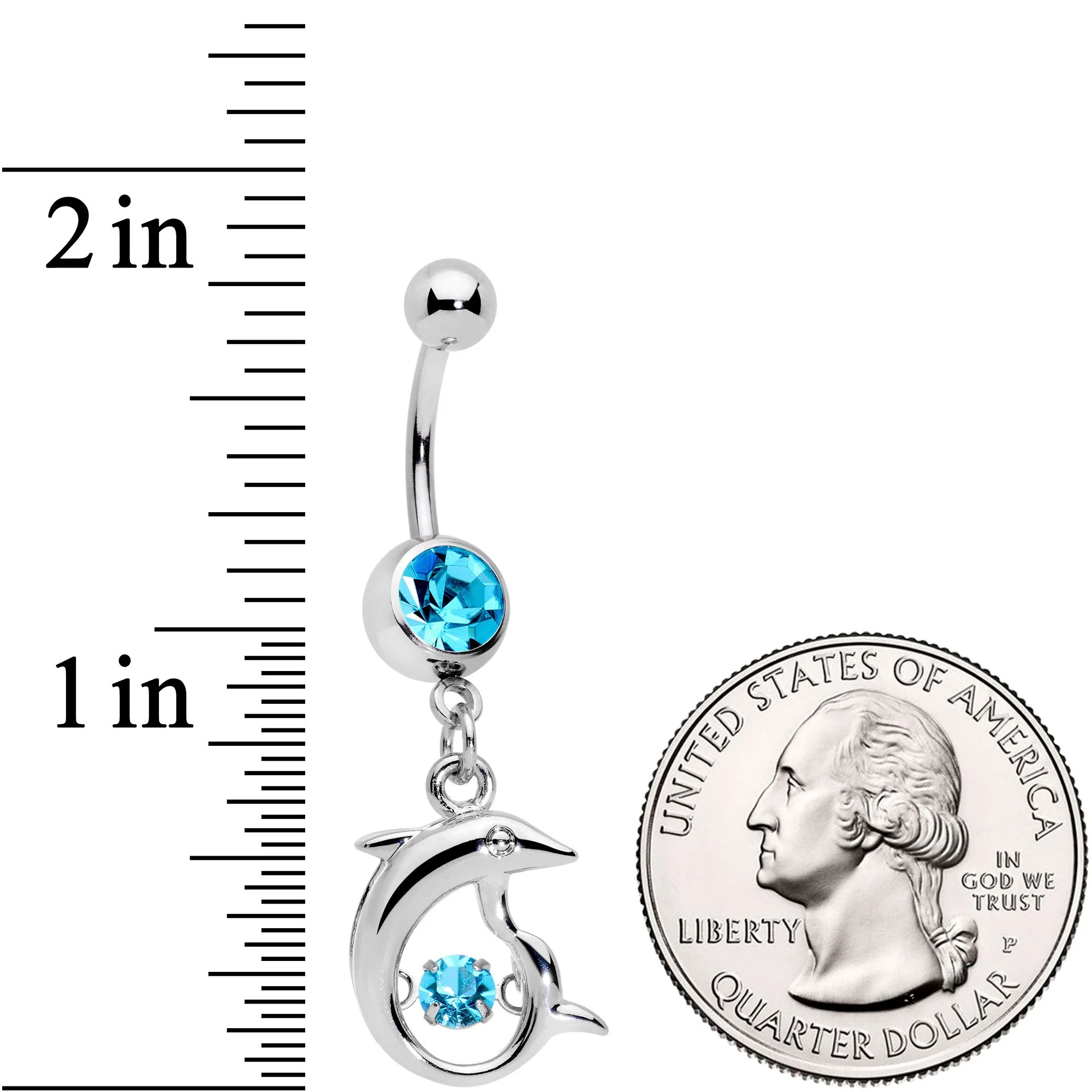 Aqua CZ Gem Abstract Dancing Dolphin Dangle Belly Ring - Image 3