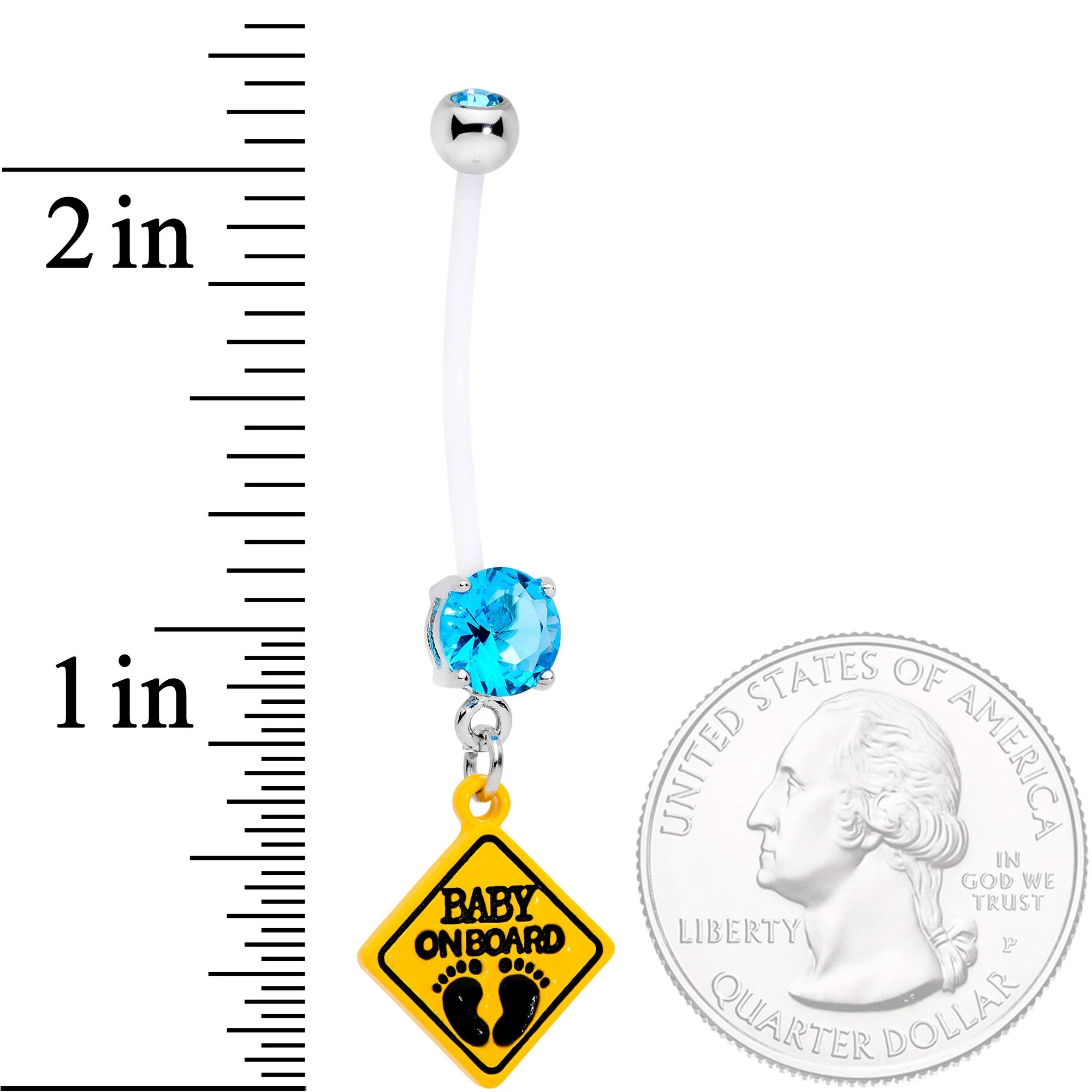 Aqua CZ Gem Baby on Board Sign Dangle Pregnancy Belly Ring - Image 2