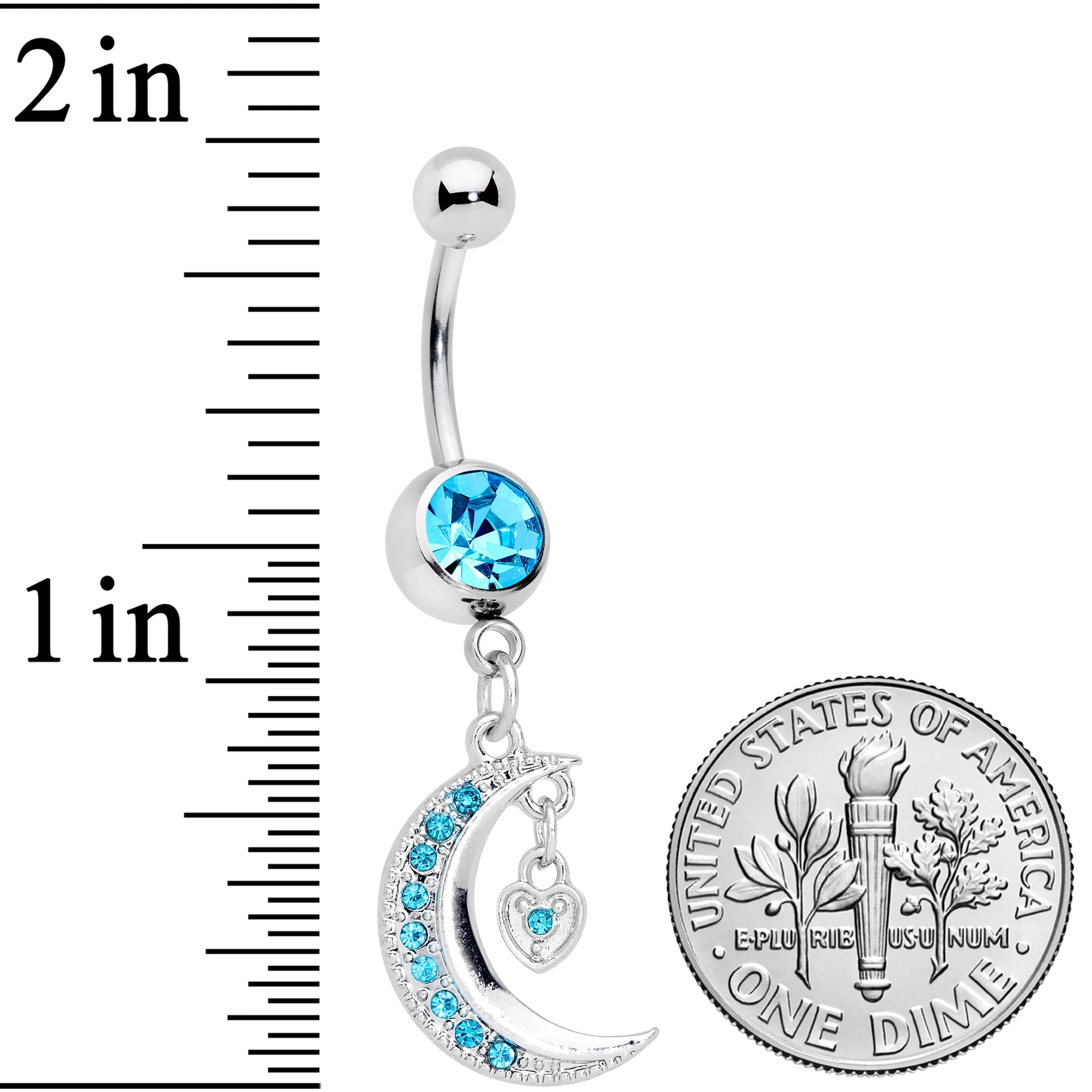 Aqua CZ Gem Heart Padlock Crescent Moon Dangle Belly Ring - Image 3