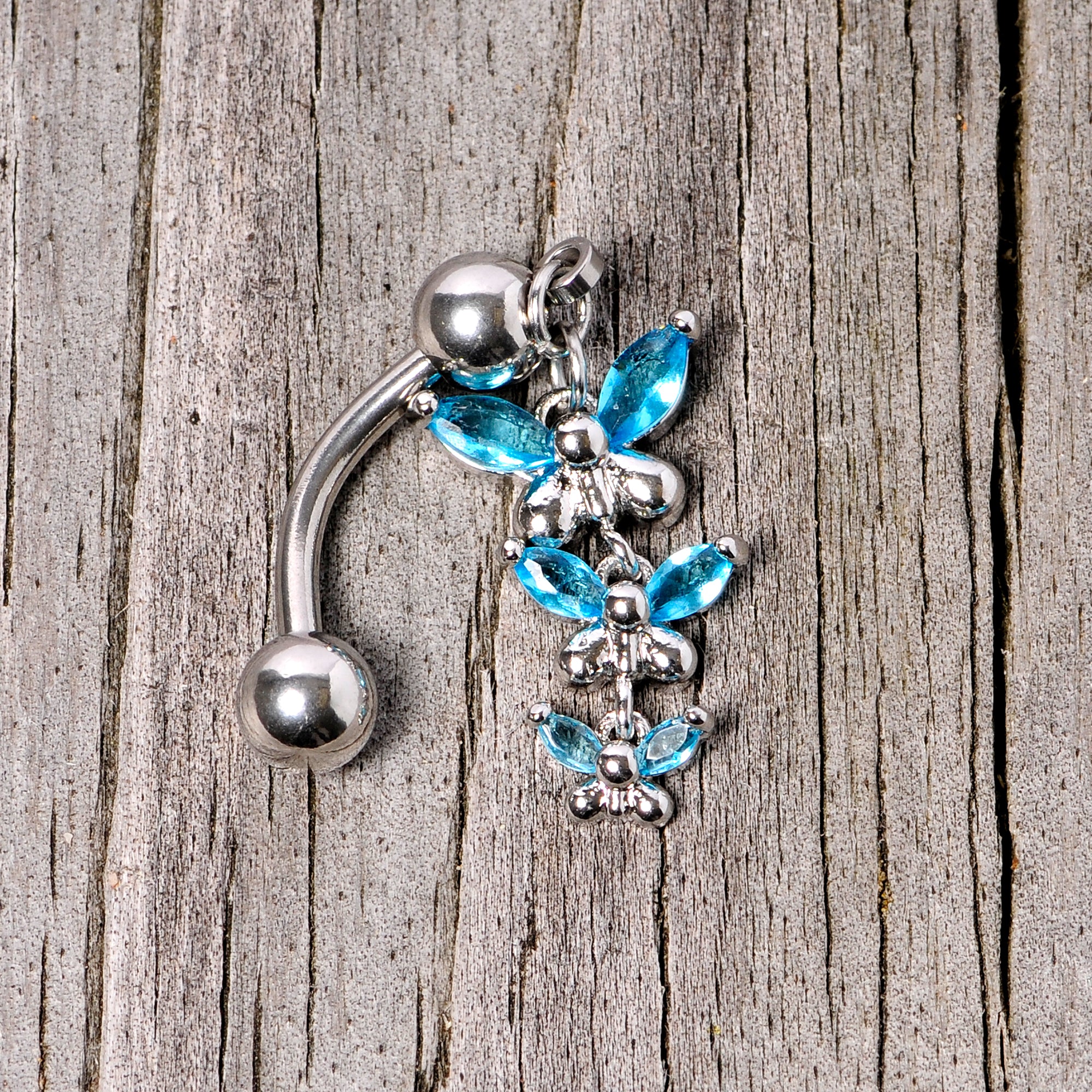 Aqua Gem Band of Butterflies Top Mount Dangle Belly Ring - Image 4