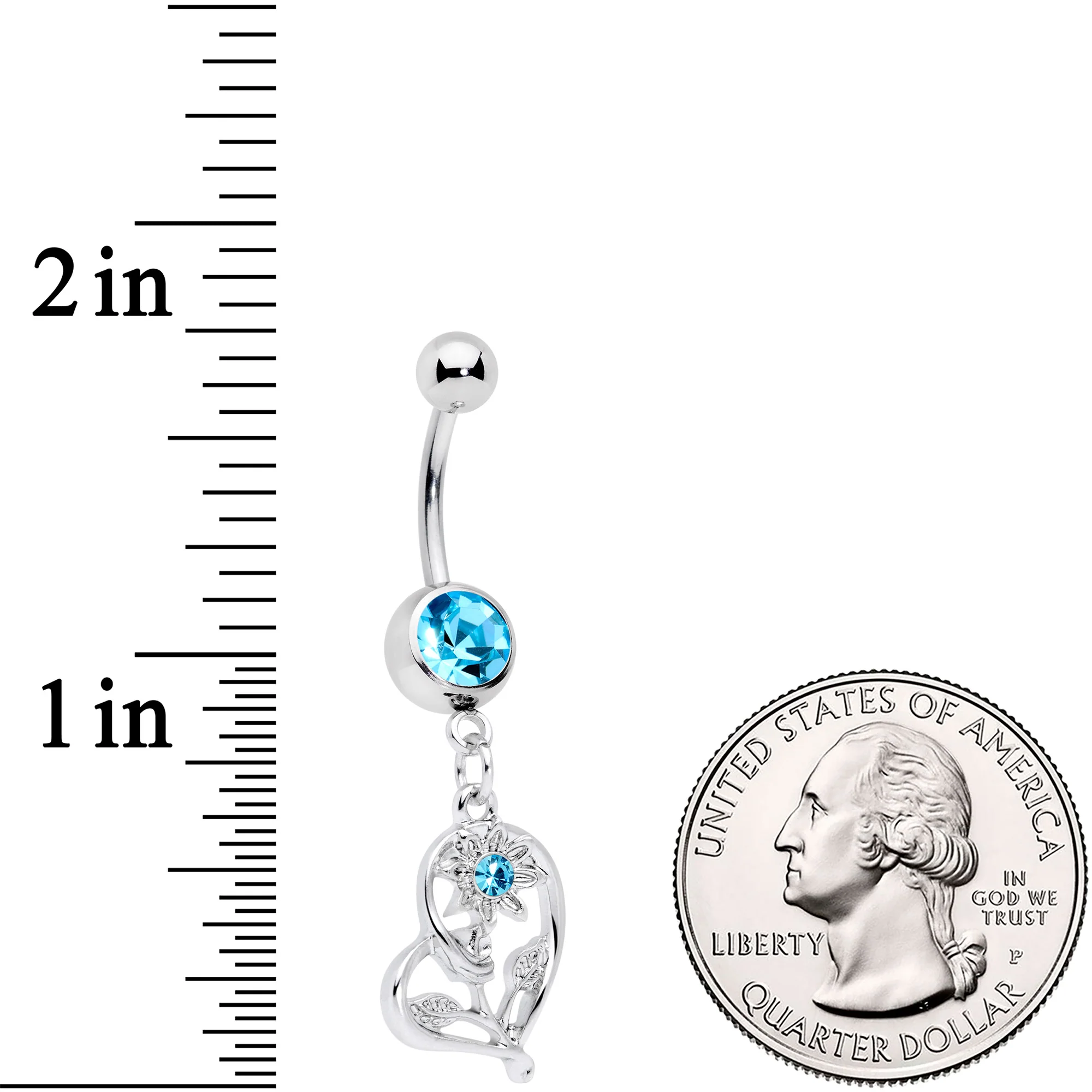 Aqua Gem Blossoming Heart Flower Dangle Belly Ring - Image 2
