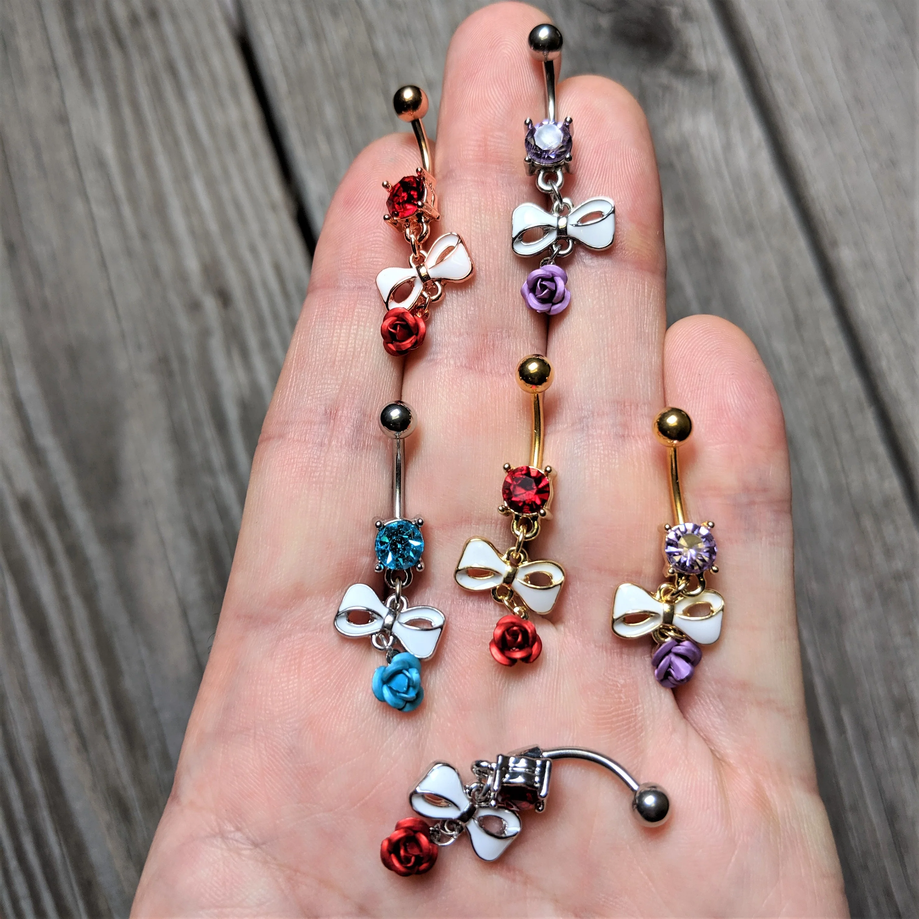 Aqua Gem Bow Rose Flower Dangle Belly Ring - Image 2