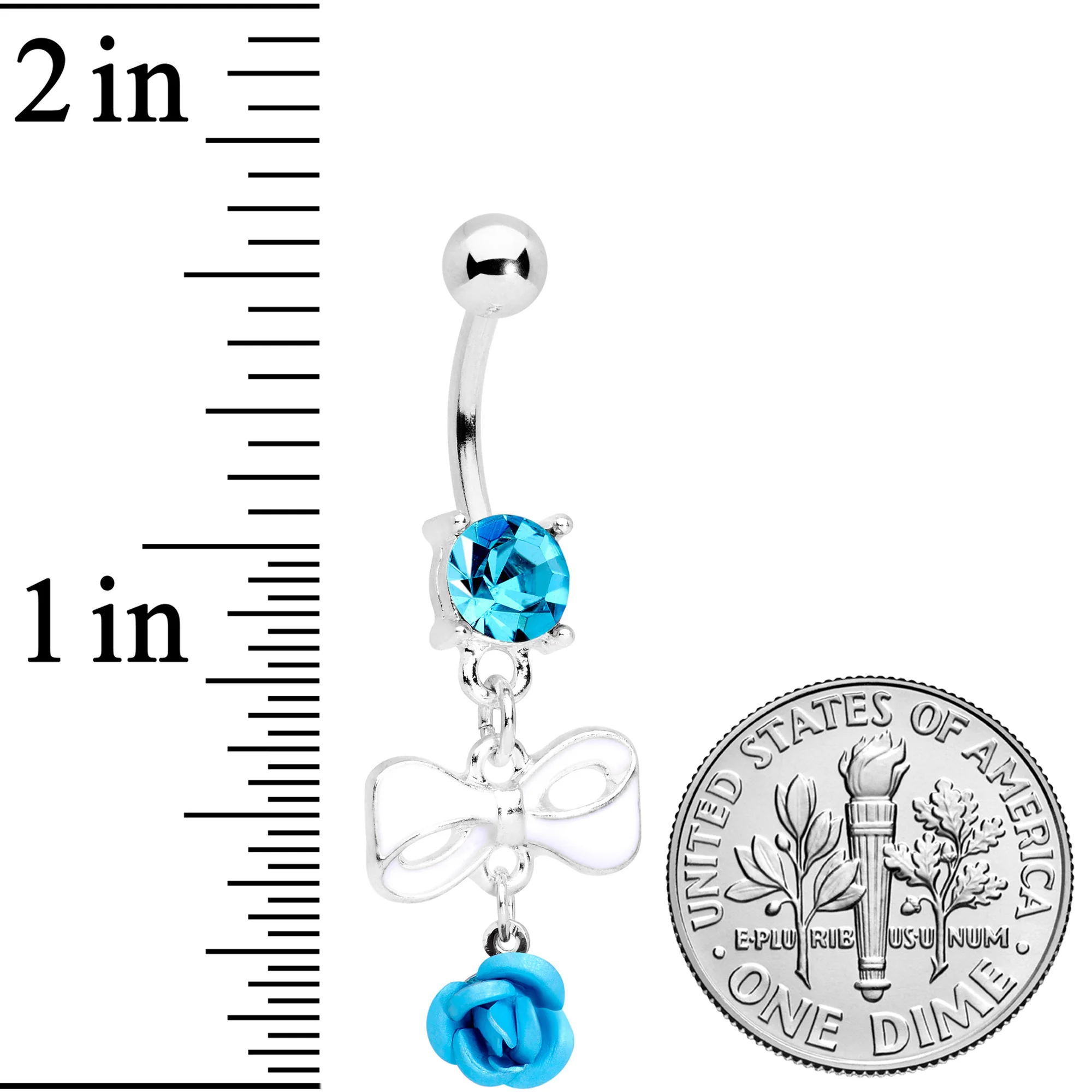 Aqua Gem Bow Rose Flower Dangle Belly Ring - Image 3