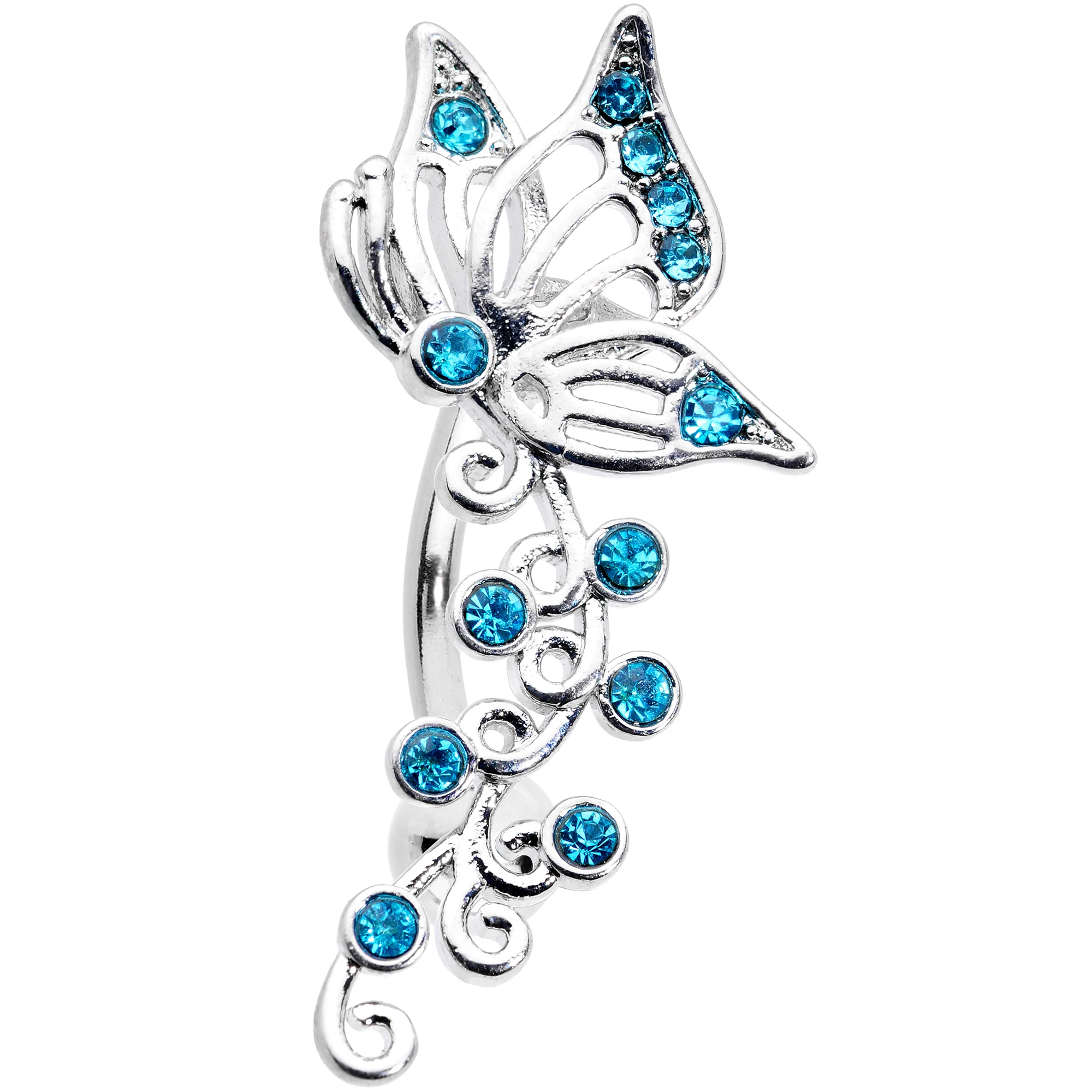 Aqua Gem Butterfly Flower Garland Top Mount Belly Ring - Image 2