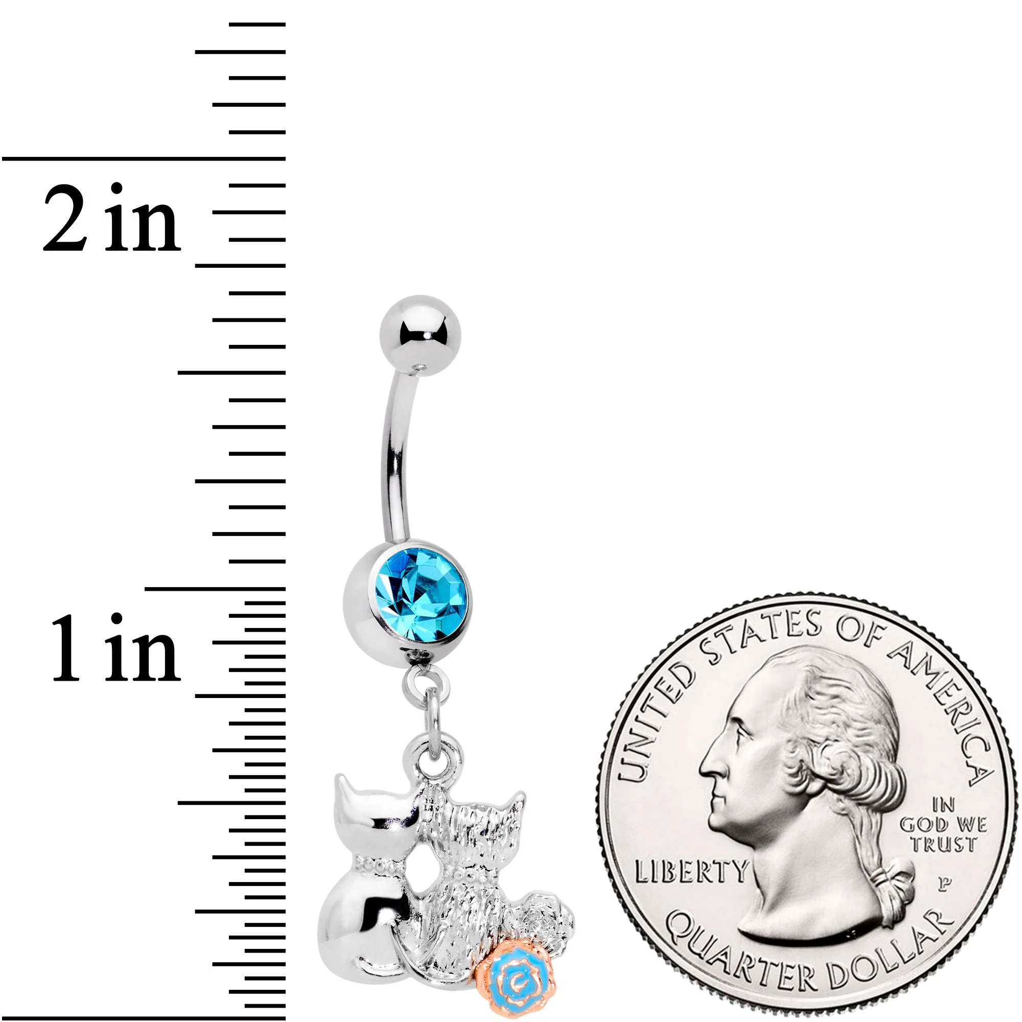Aqua Gem Color Yarn Cuddling Kittens Dangle Belly Ring - Image 2