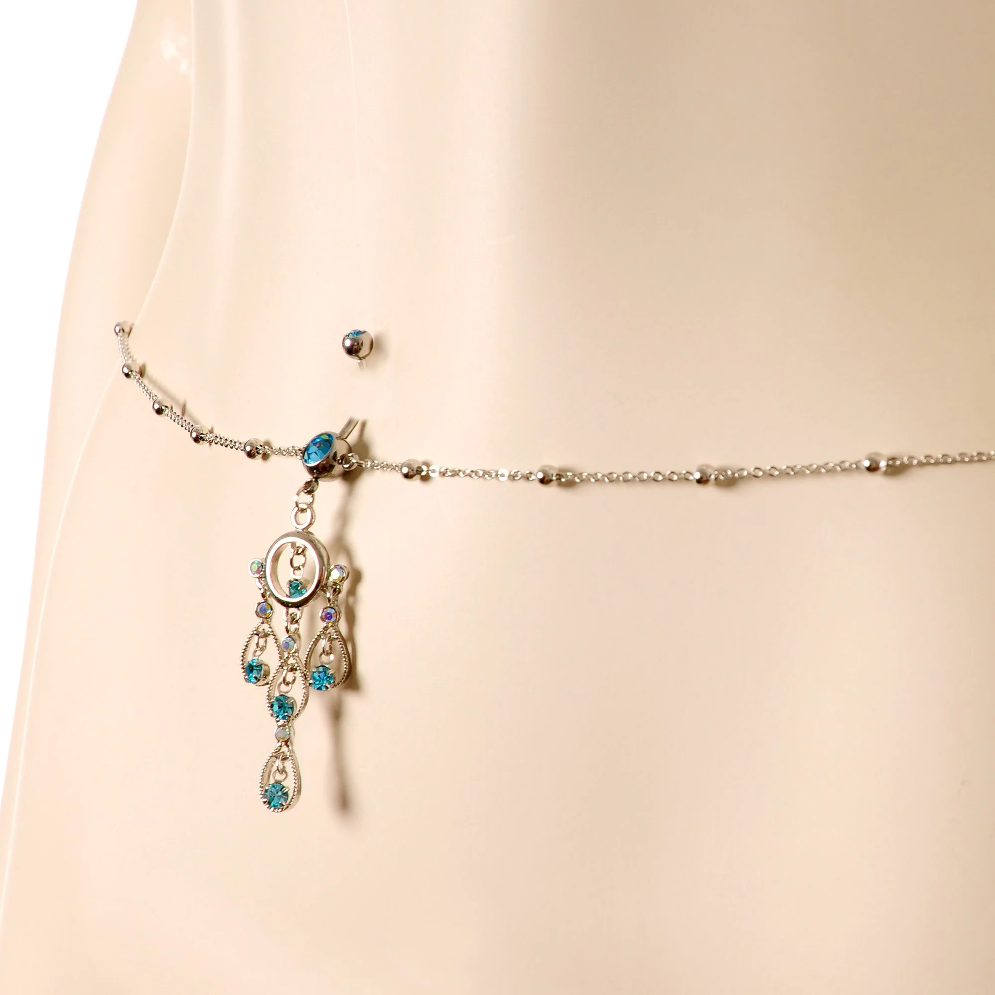 Aqua Gem Dancing Queen Chandelier Dangle Belly Ring Belly Chain - Image 4