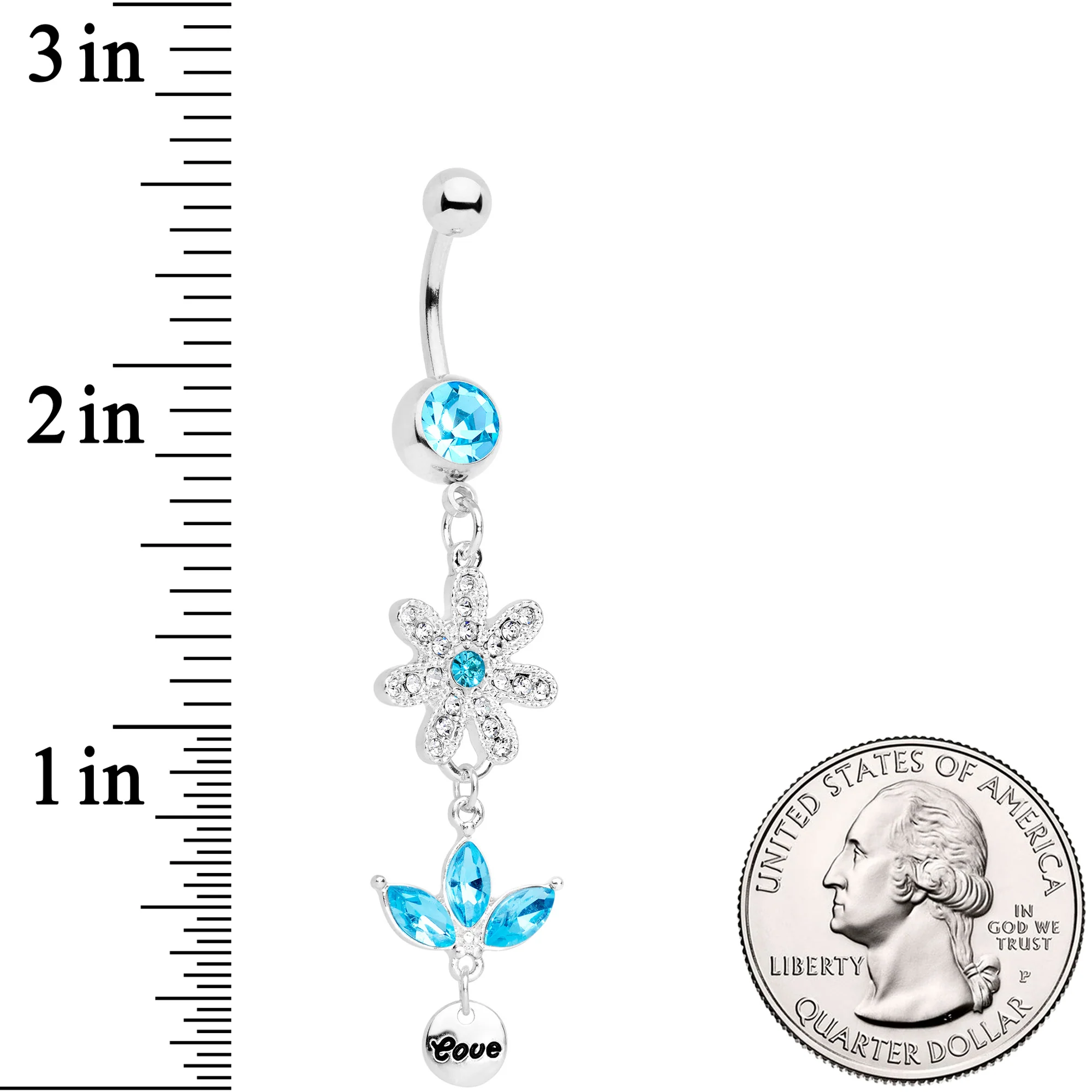 Aqua Gem Flower Leaves Love Dangle Belly Ring - Image 2