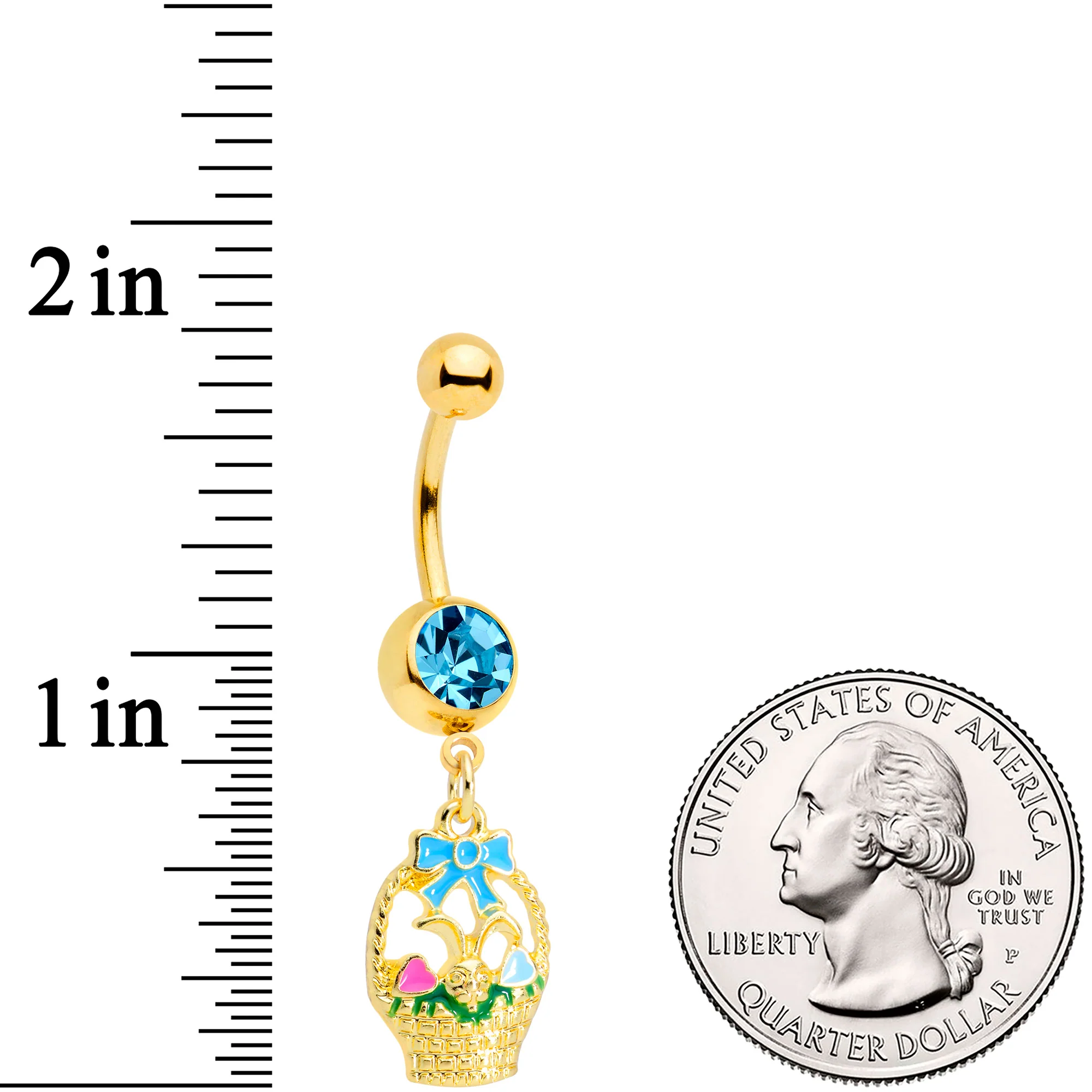 Aqua Gem Gold Tone Easter Basket Dangle Belly Ring - Image 2