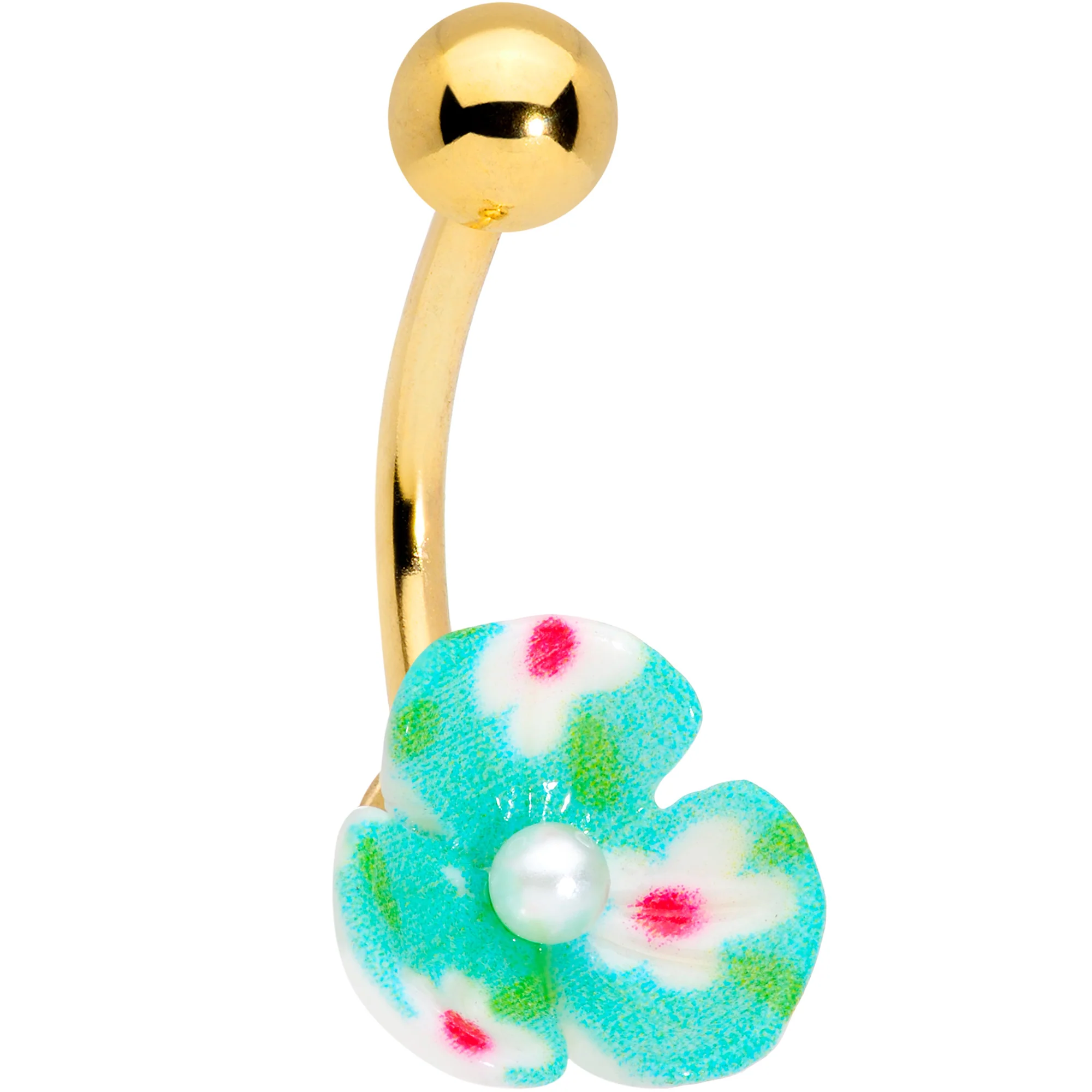 Aqua Gem Gold Tone Flower Pearly Belly Ring Set of 3 - Image 3