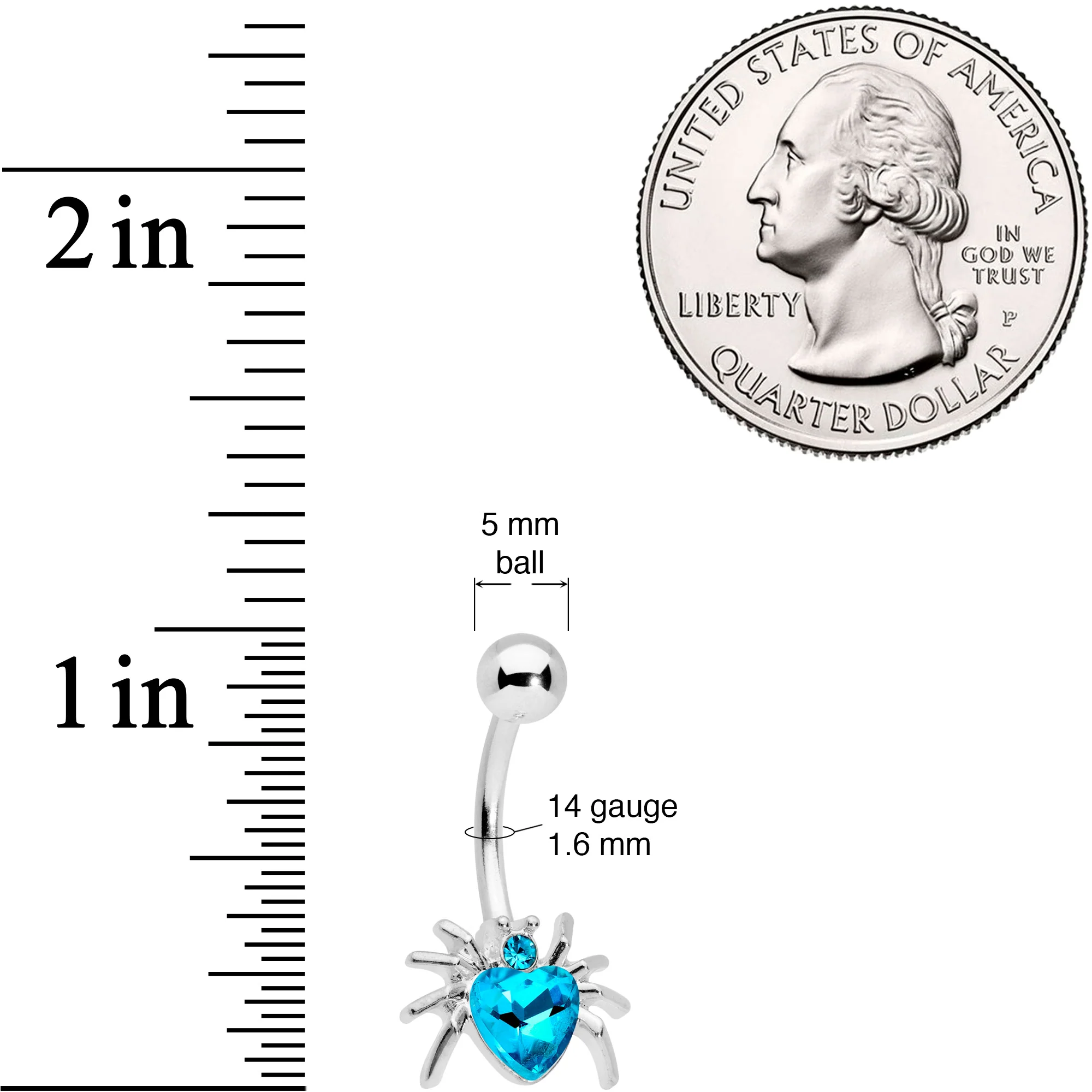 Aqua Gem Halloween Heart Spider Belly Ring - Image 2