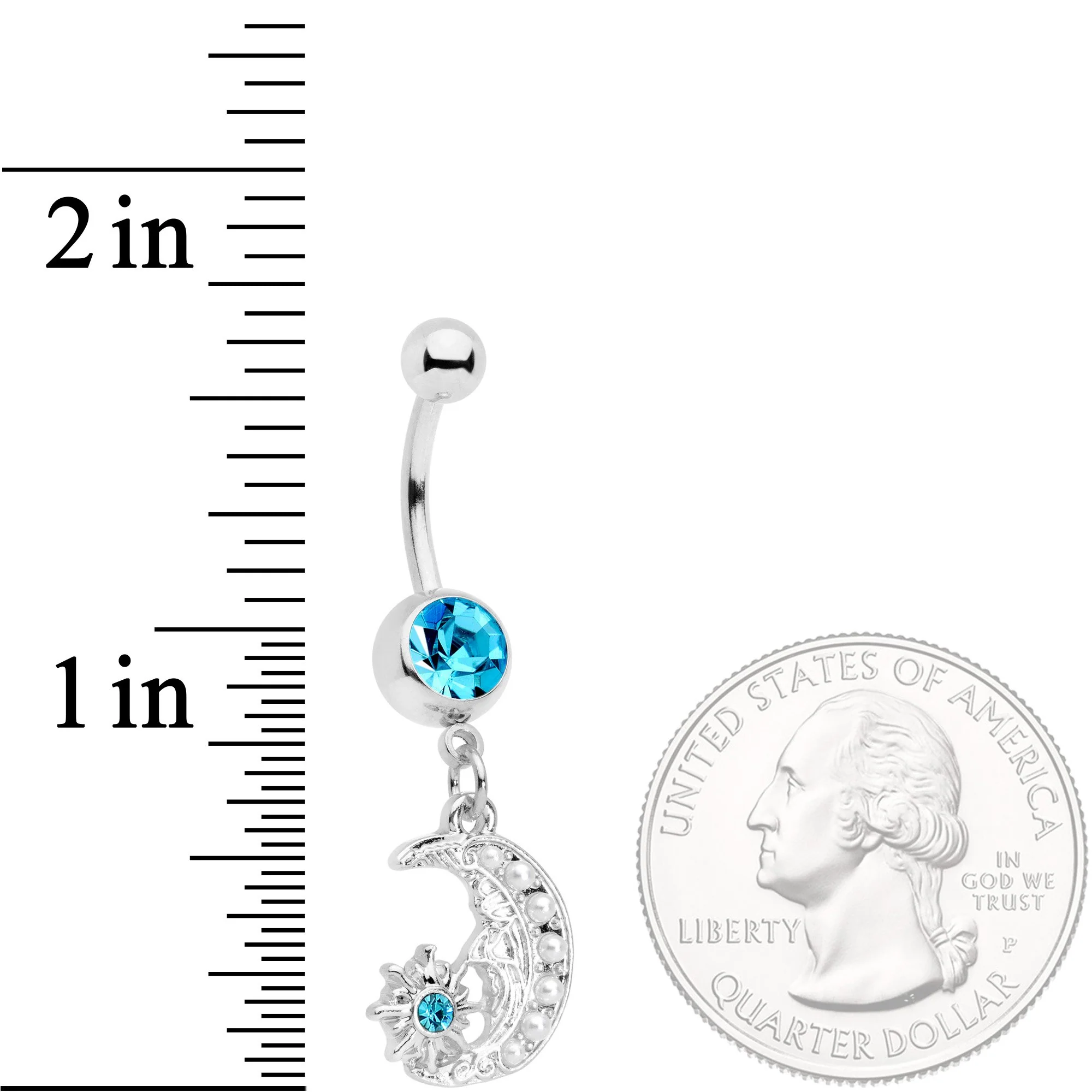 Aqua Gem Peaceful Night Star Moon Dangle Belly Ring - Image 2