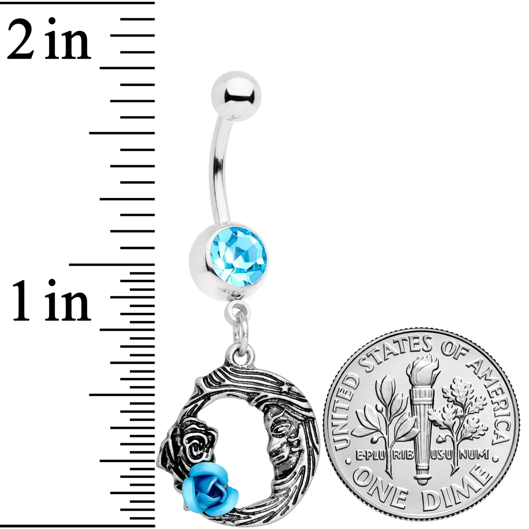 Aqua Gem Rose Flower Moon Dangle Belly Ring - Image 2