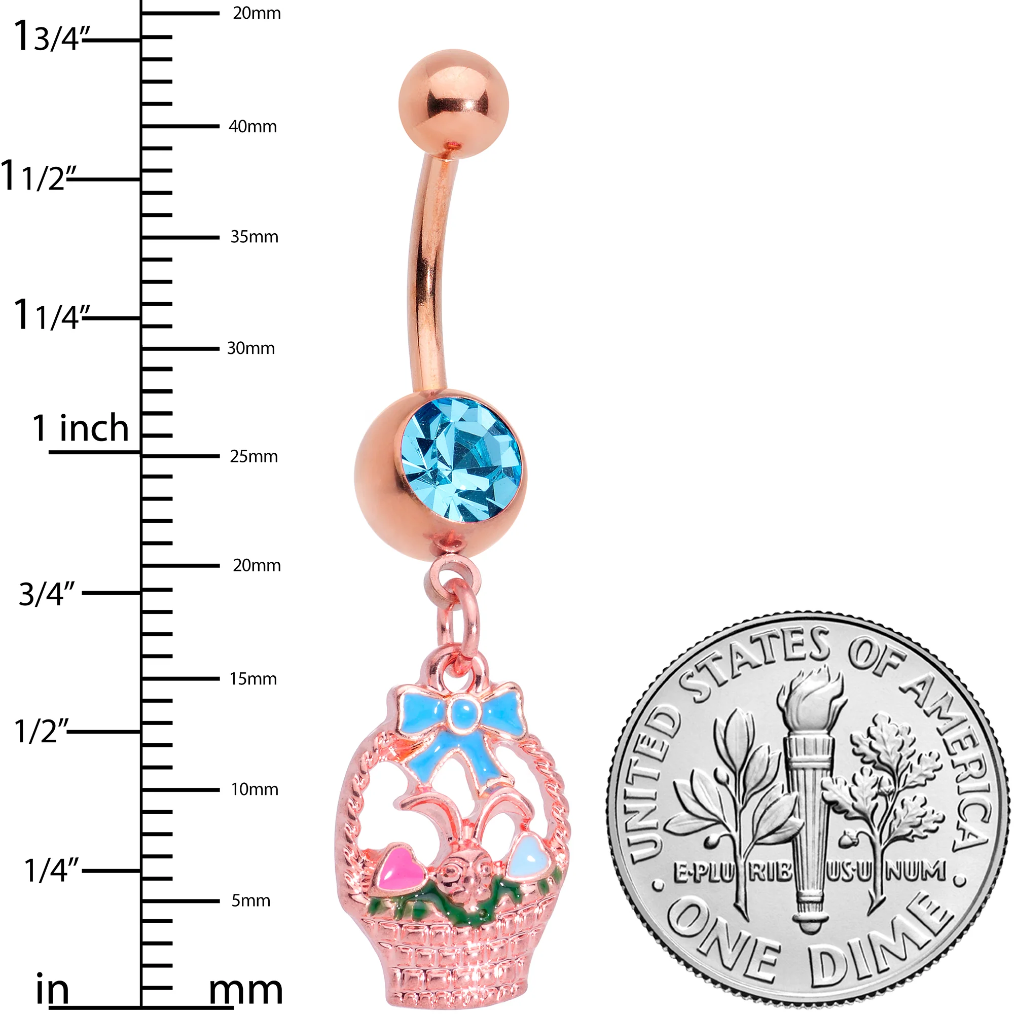 Aqua Gem Rose Gold Tone Easter Basket Dangle Belly Ring - Image 2