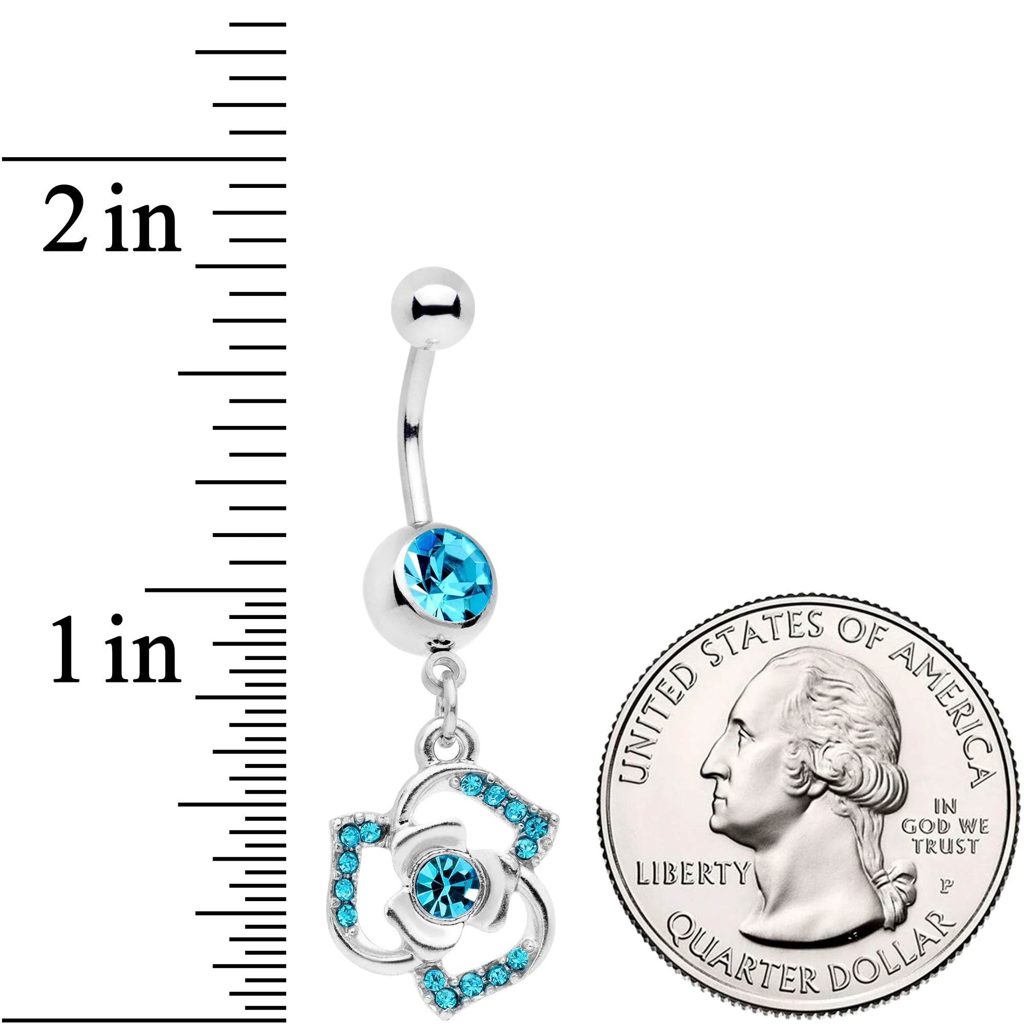 Aqua Gem Single Rose Flower Dangle Belly Ring - Image 2