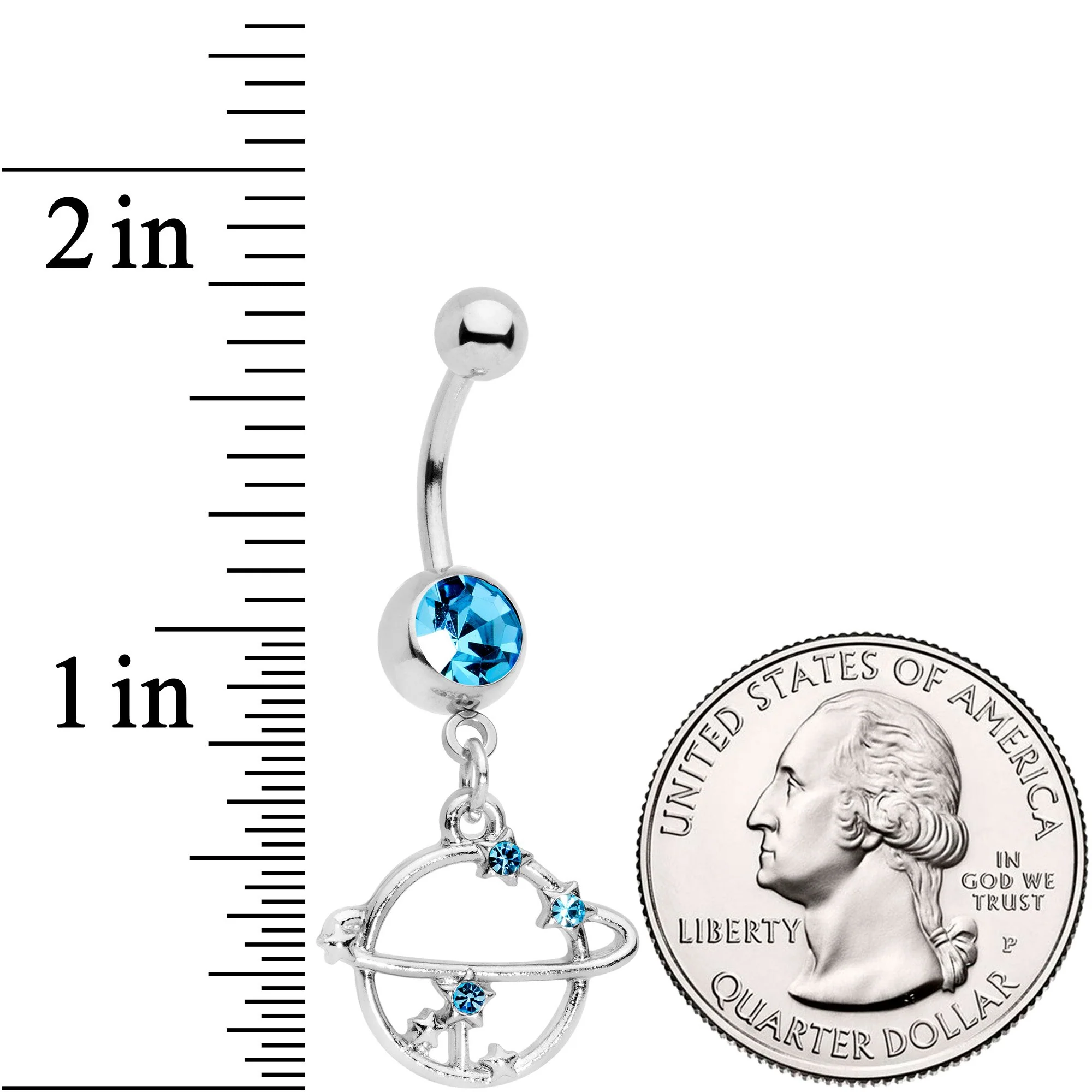 Aqua Gem Stars Orbiting Saturn Dangle Belly Ring - Image 2