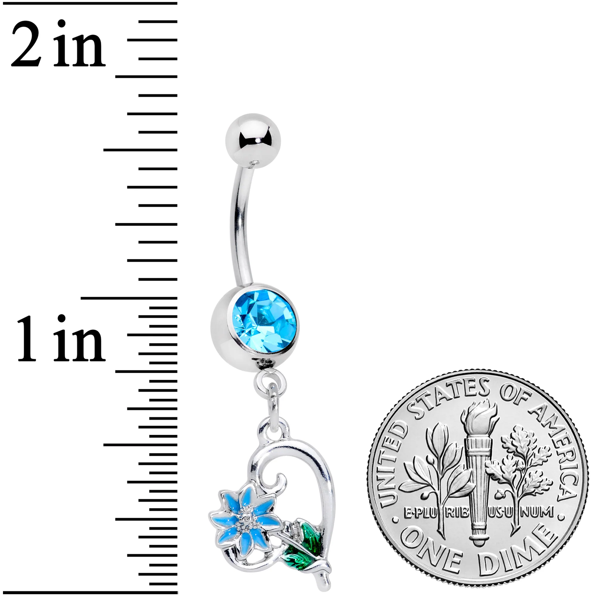 Aqua Gem Sweet Flower Heart Dangle Belly Ring - Image 2