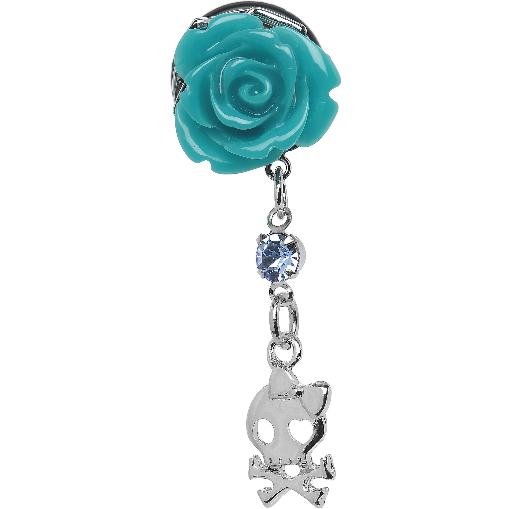 Aqua Rose Flower Skull Crossbones Dangle Plug Sizes 5mm to 12mm - Image 2