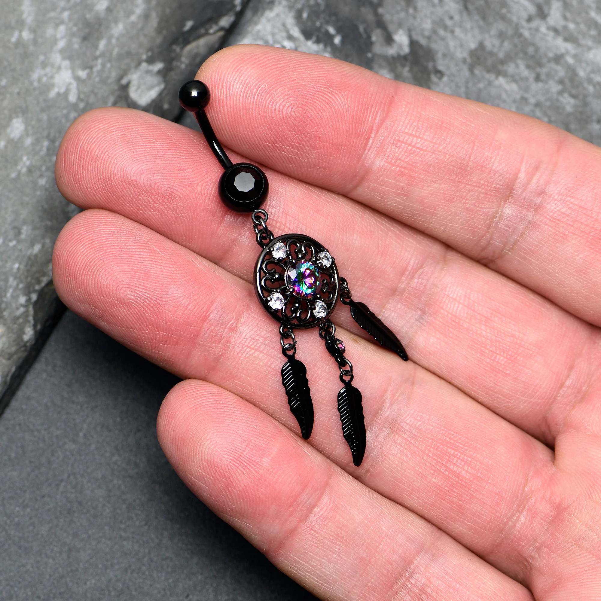 Aurora Clear CZ Gem Black Dreamcatcher Feather Dangle Belly Ring - Image 2
