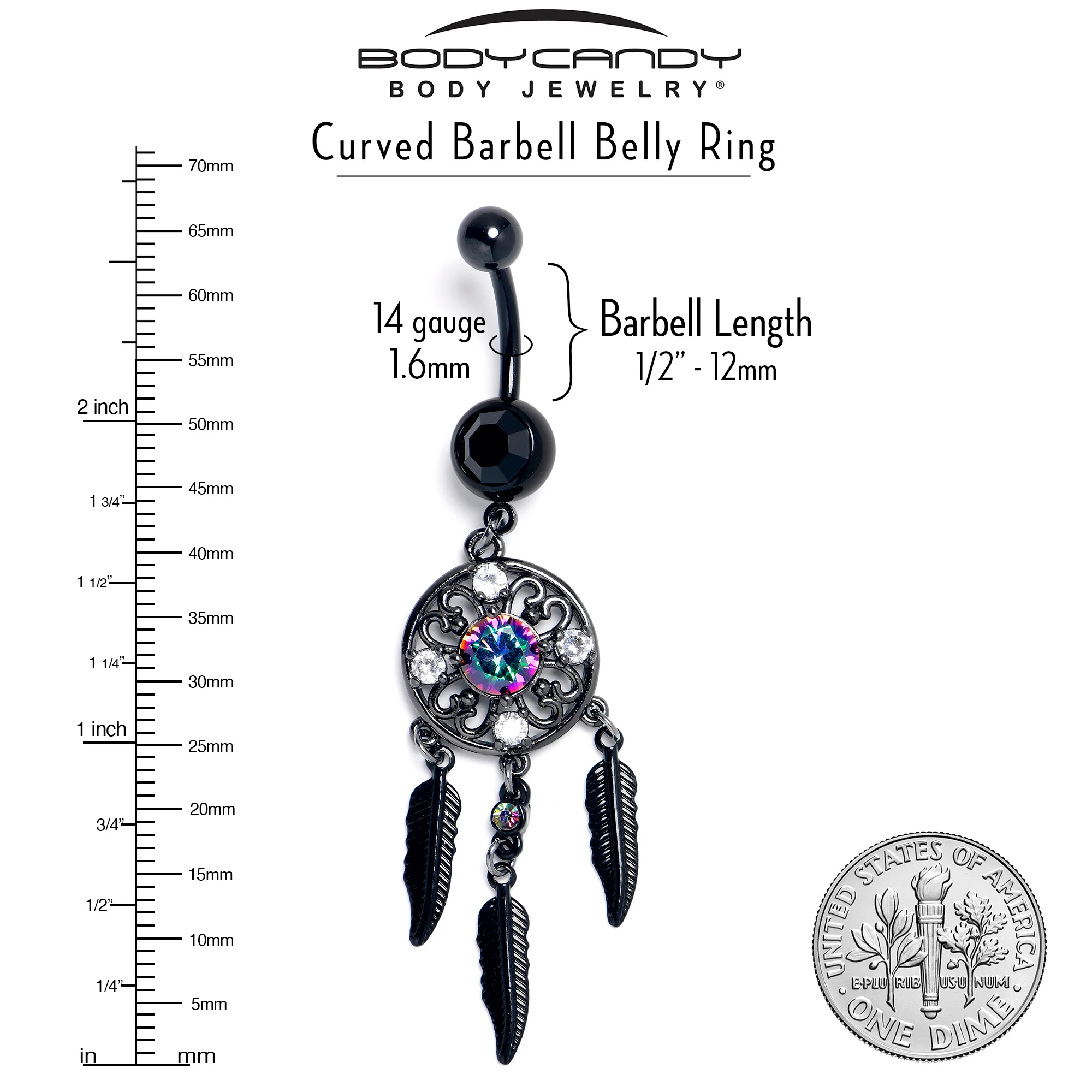 Aurora Clear CZ Gem Black Dreamcatcher Feather Dangle Belly Ring - Image 3