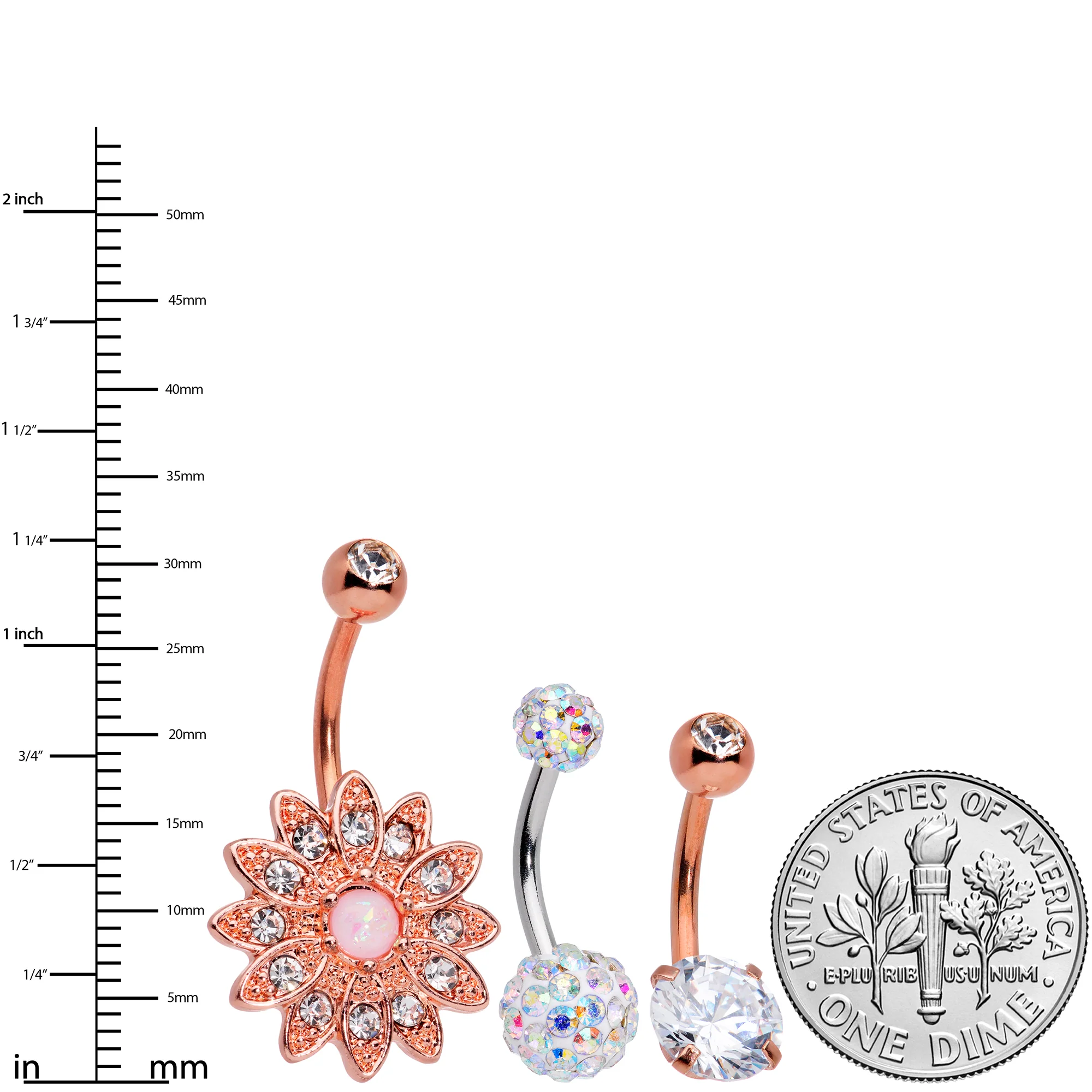 Aurora Clear Gem Rose Gold Tone Flower Belly Ring Set of 3 - Image 5