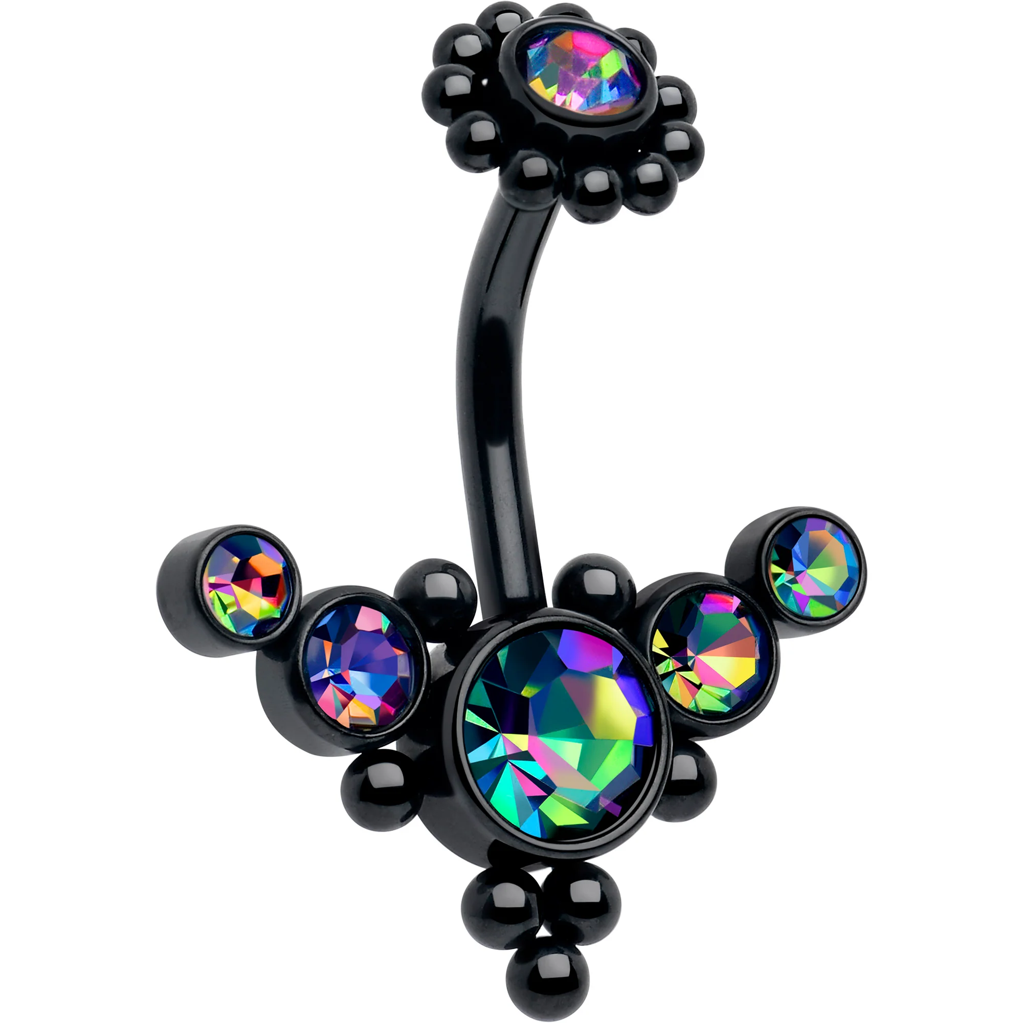 Aurora CZ Gem Black Internally Threaded Flower Bubbles Double Mount Belly Ring
