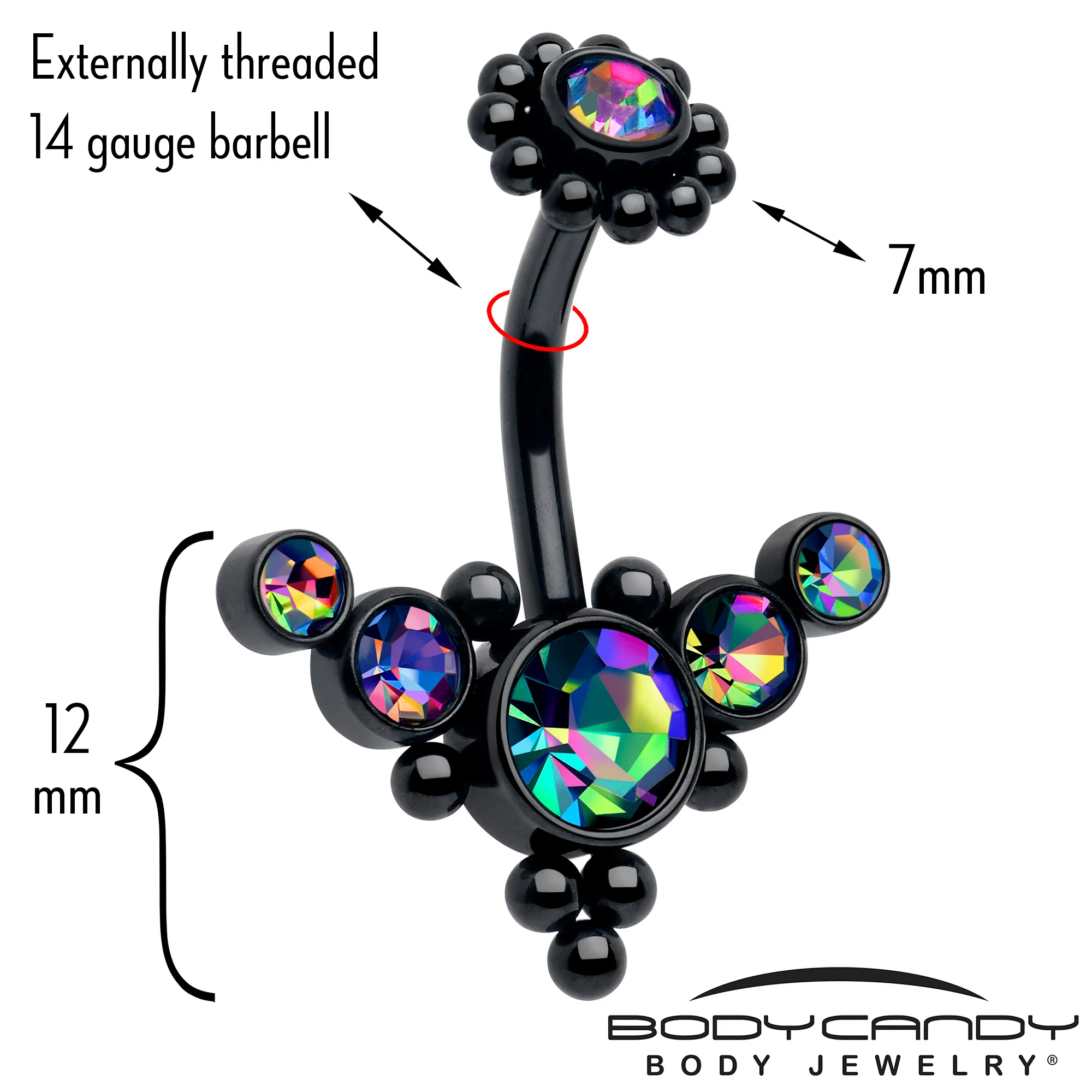 Aurora CZ Gem Black Internally Threaded Flower Bubbles Double Mount Belly Ring - Image 2
