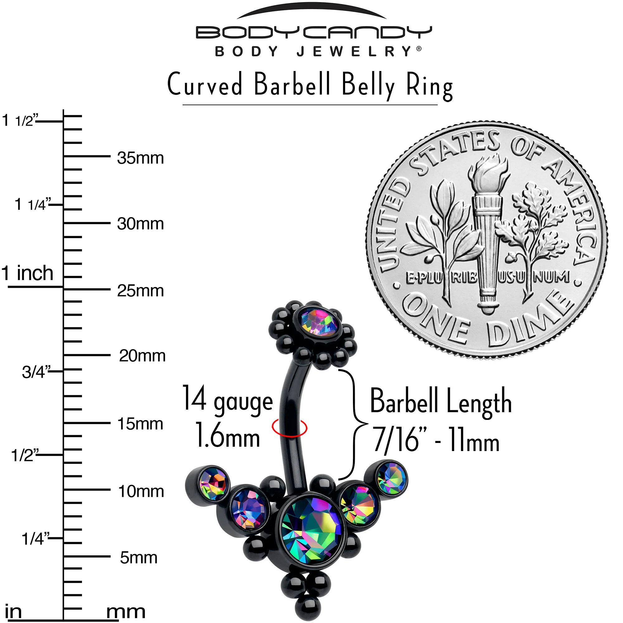 Aurora CZ Gem Black Internally Threaded Flower Bubbles Double Mount Belly Ring - Image 3