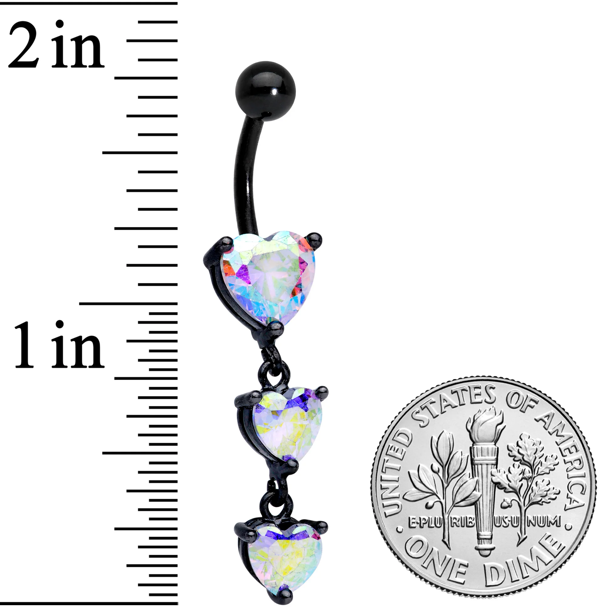Aurora CZ Gem Black Triple Heart Dangle Belly Ring - Image 3