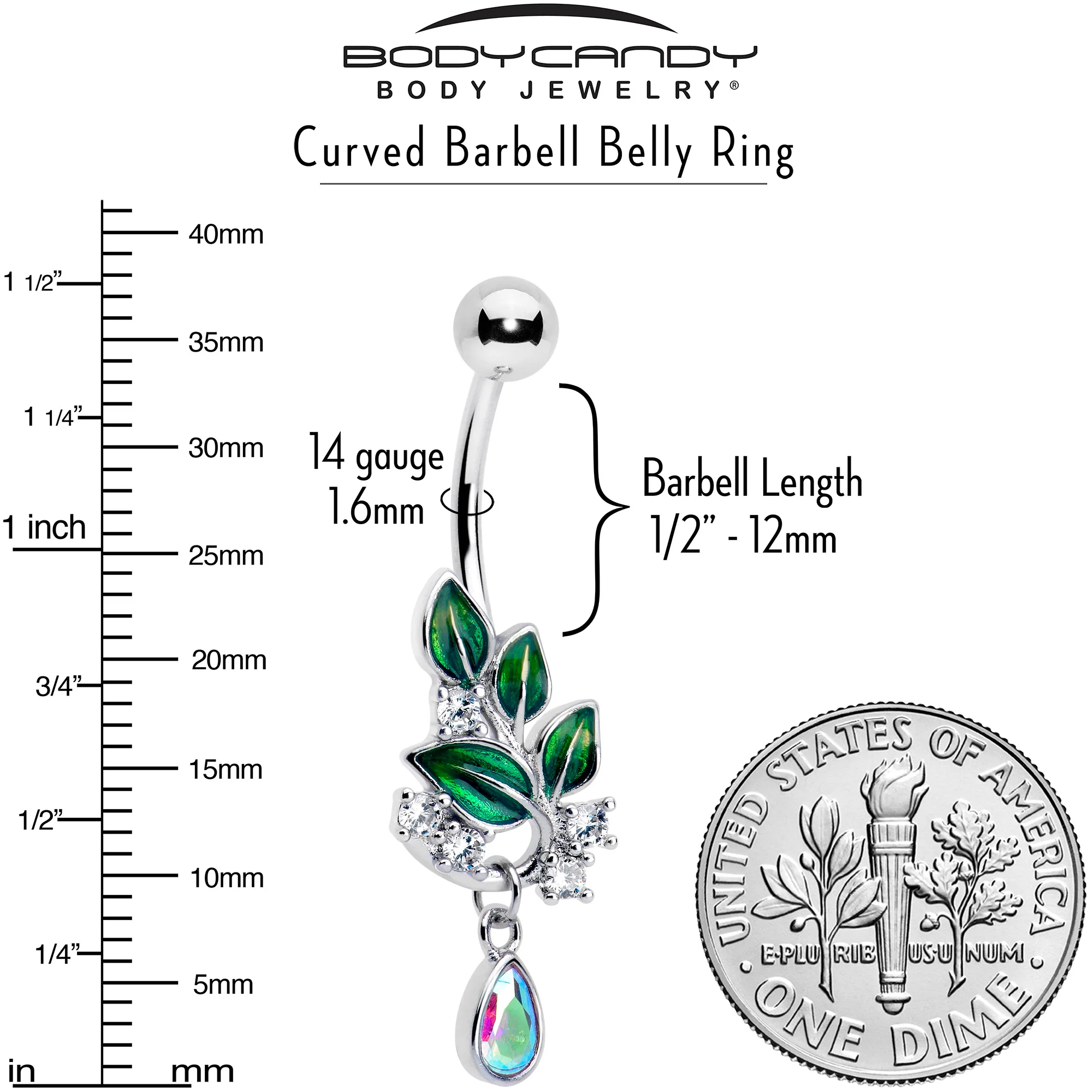 Aurora CZ Gem Morning Leaves Dangle Belly Ring - Image 2
