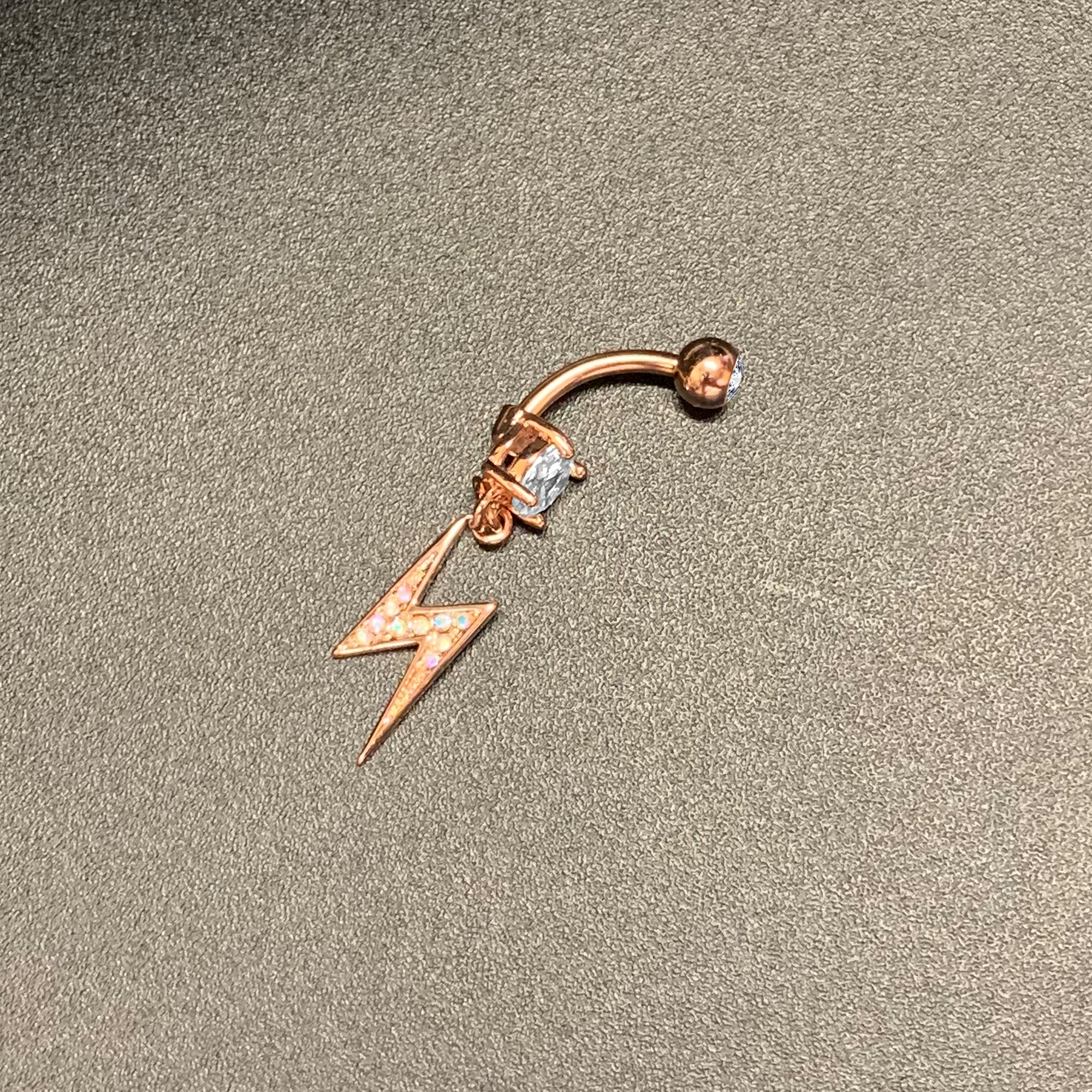 Aurora CZ Gem Rose Gold Tone Lightning Strike Dangle Belly Ring - Image 2