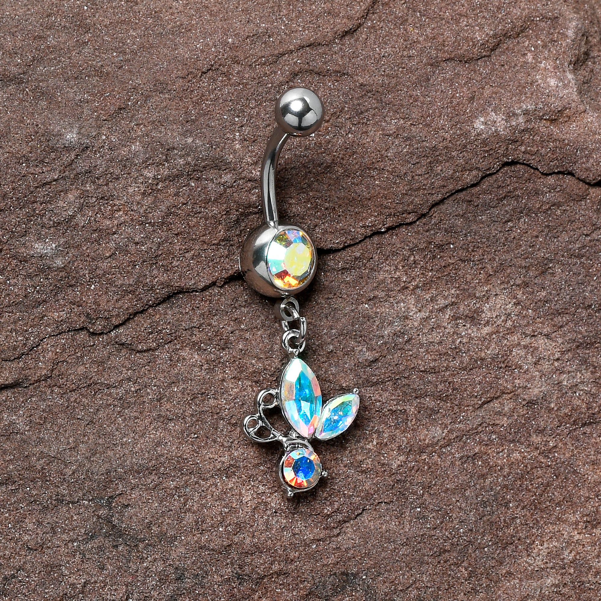 Aurora Gem Fleur de Lis Butterfly Dangle Belly Ring - Image 2