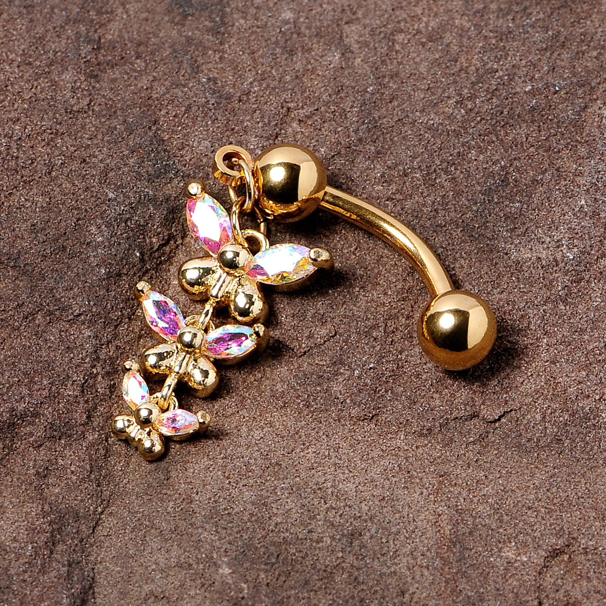 Aurora Gem Gold Tone Butterflies Top Mount Dangle Belly Ring - Image 3