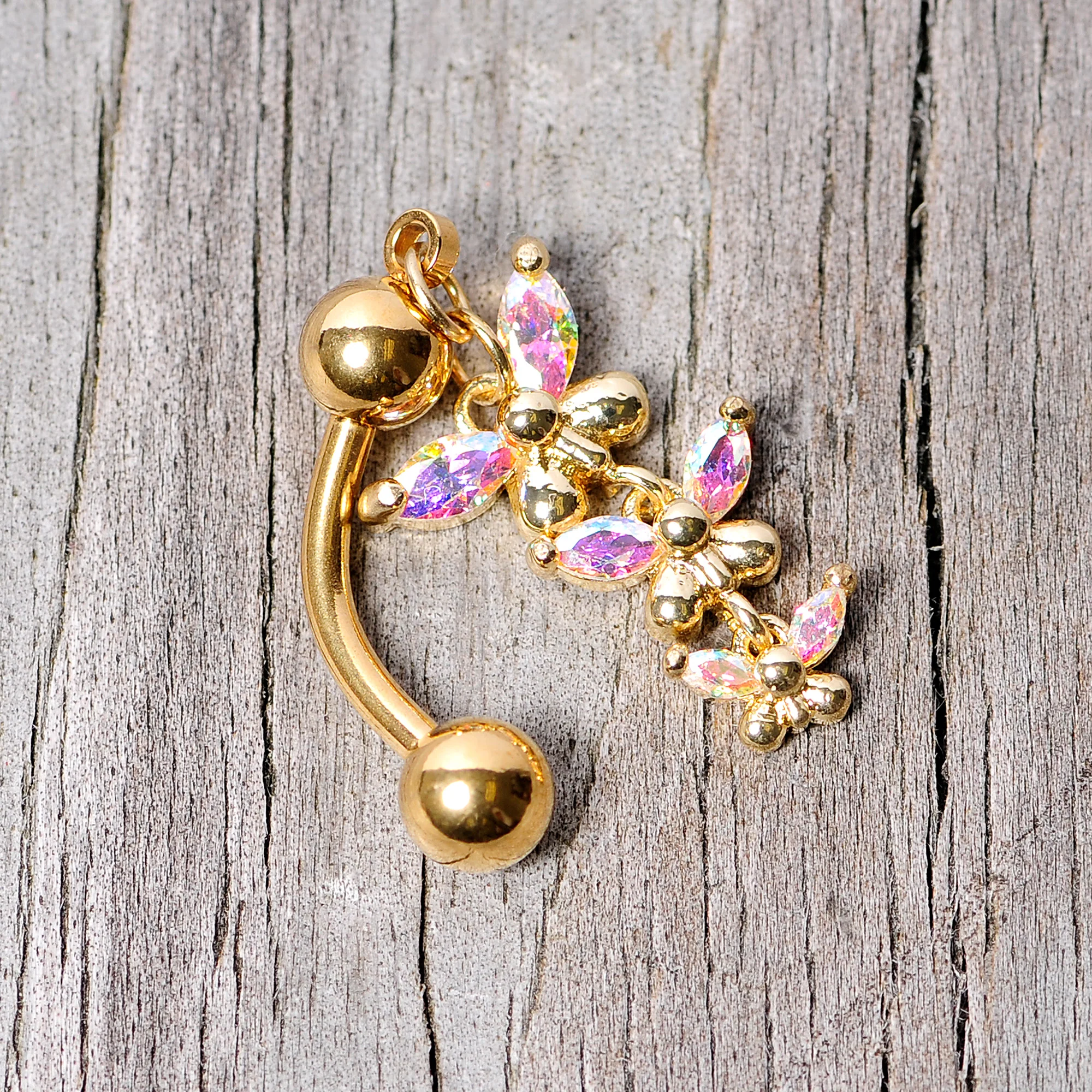 Aurora Gem Gold Tone Butterflies Top Mount Dangle Belly Ring - Image 4