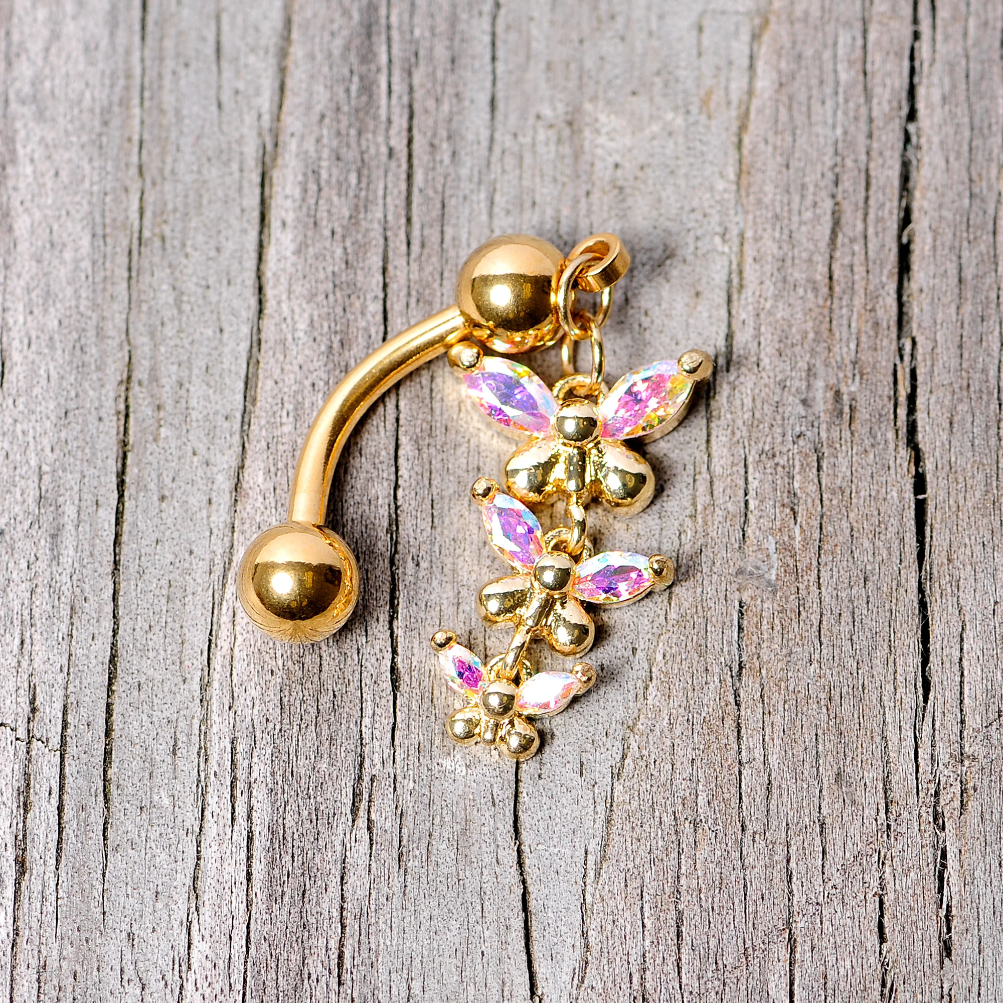 Aurora Gem Gold Tone Butterflies Top Mount Dangle Belly Ring - Image 5