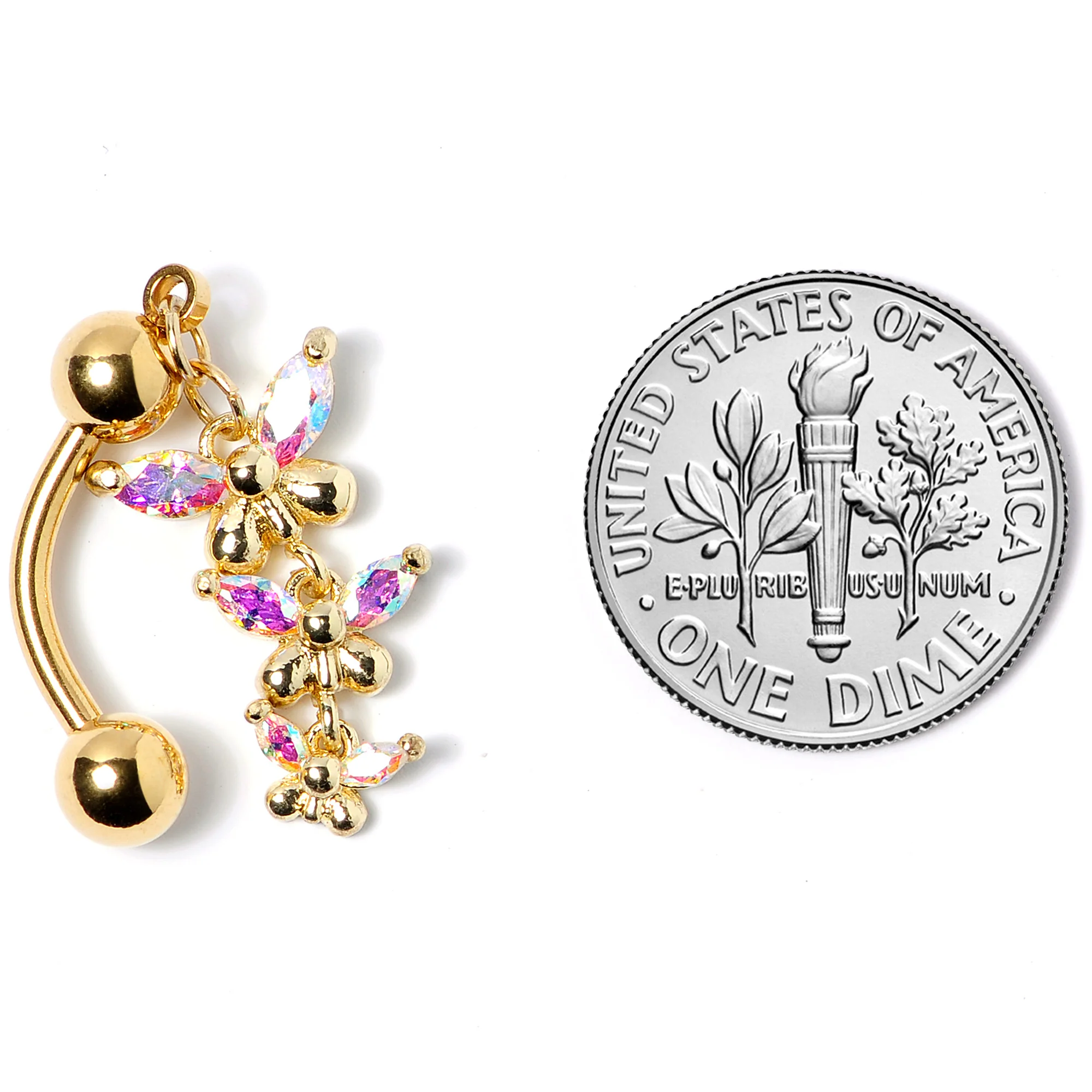 Aurora Gem Gold Tone Butterflies Top Mount Dangle Belly Ring - Image 6