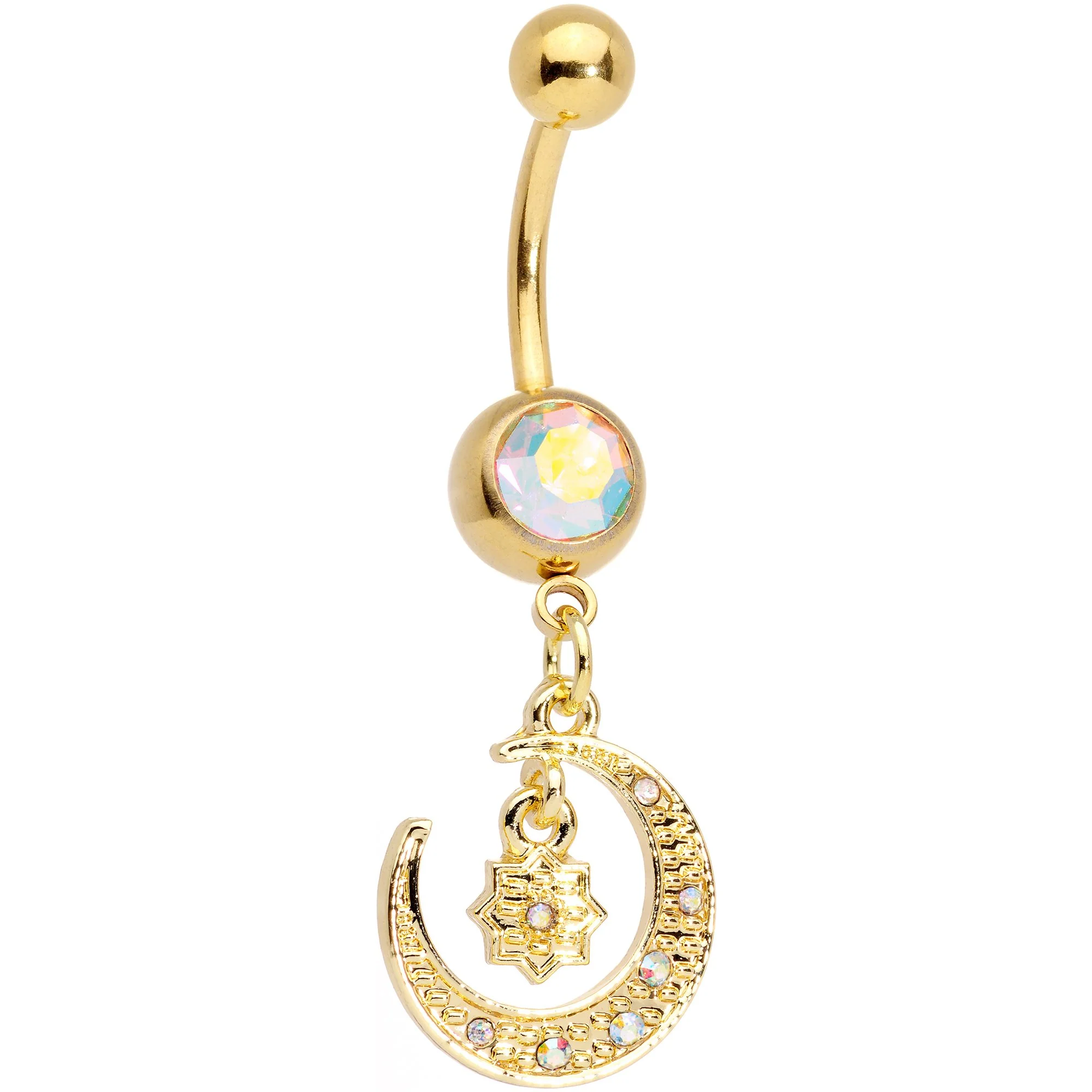 Aurora Gem Gold Tone Celestial Star Moon Dangle Belly Ring Set - Image 2