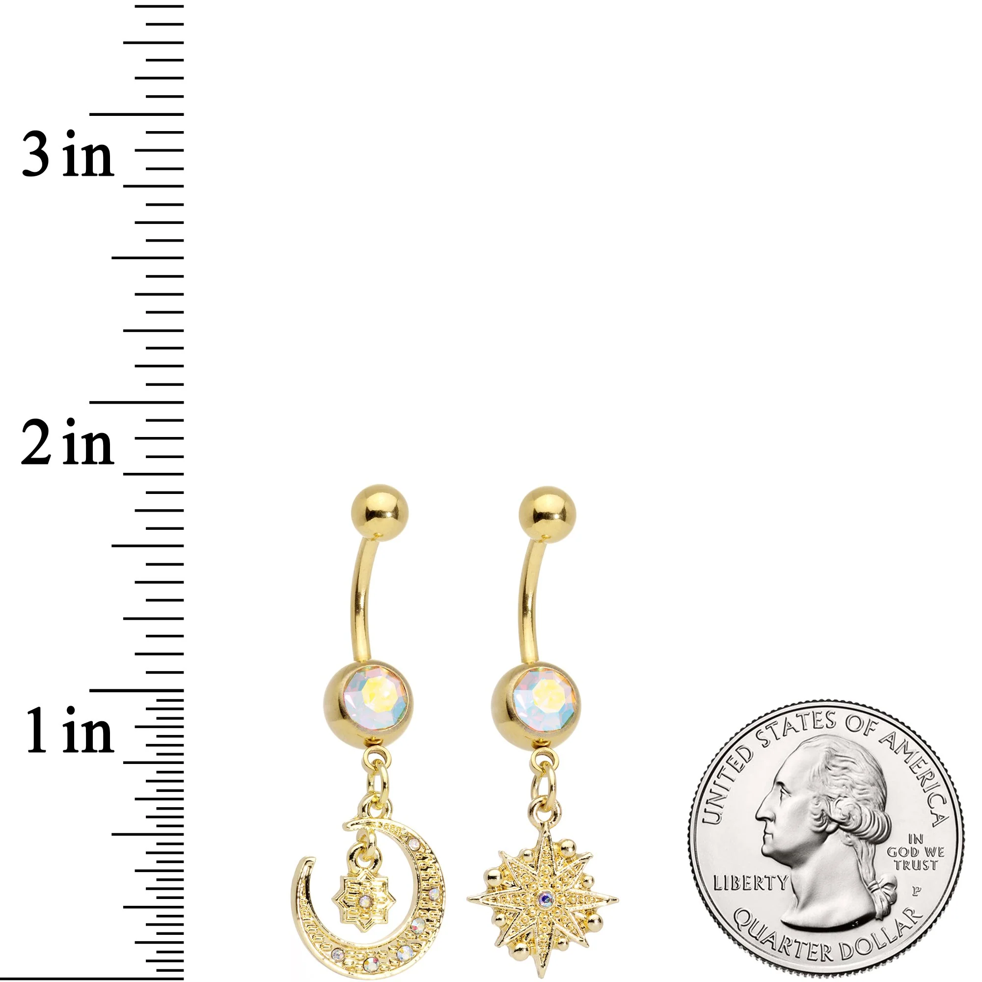 Aurora Gem Gold Tone Celestial Star Moon Dangle Belly Ring Set - Image 4