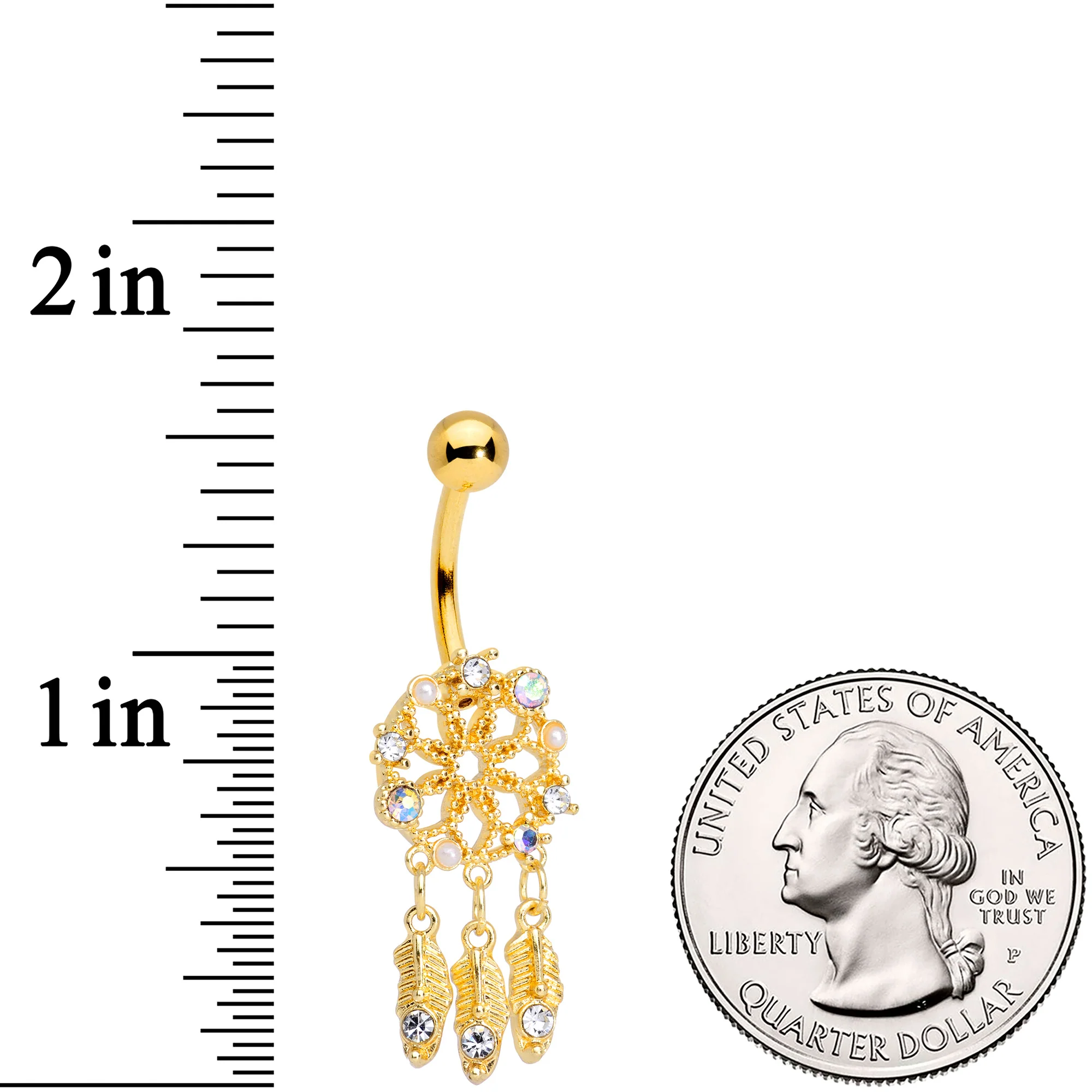 Aurora Gem Gold Tone Dreamcatcher Feather Dangle Belly Ring - Image 2