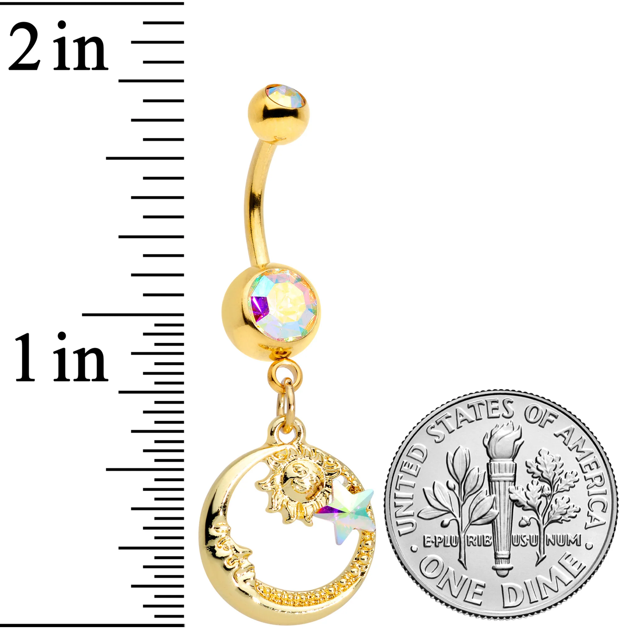 Aurora Gem Gold Tone Sun Moon Star Dangle Belly Ring - Image 3