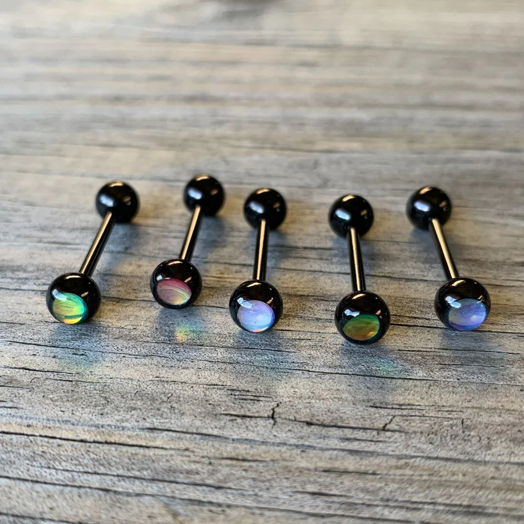 Aurora Gem Inlay Black Barbell Tongue Ring Set of 5 - Image 2