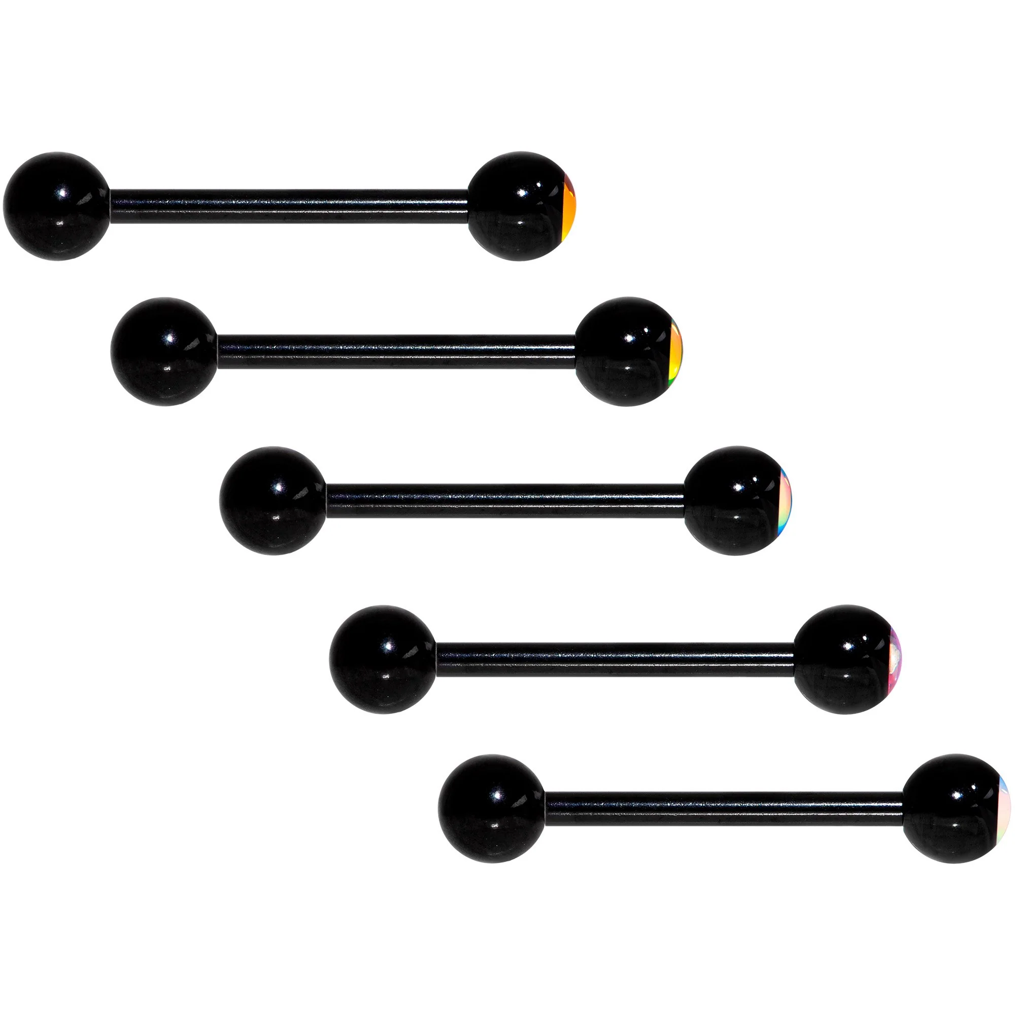 Aurora Gem Inlay Black Barbell Tongue Ring Set of 5 - Image 3